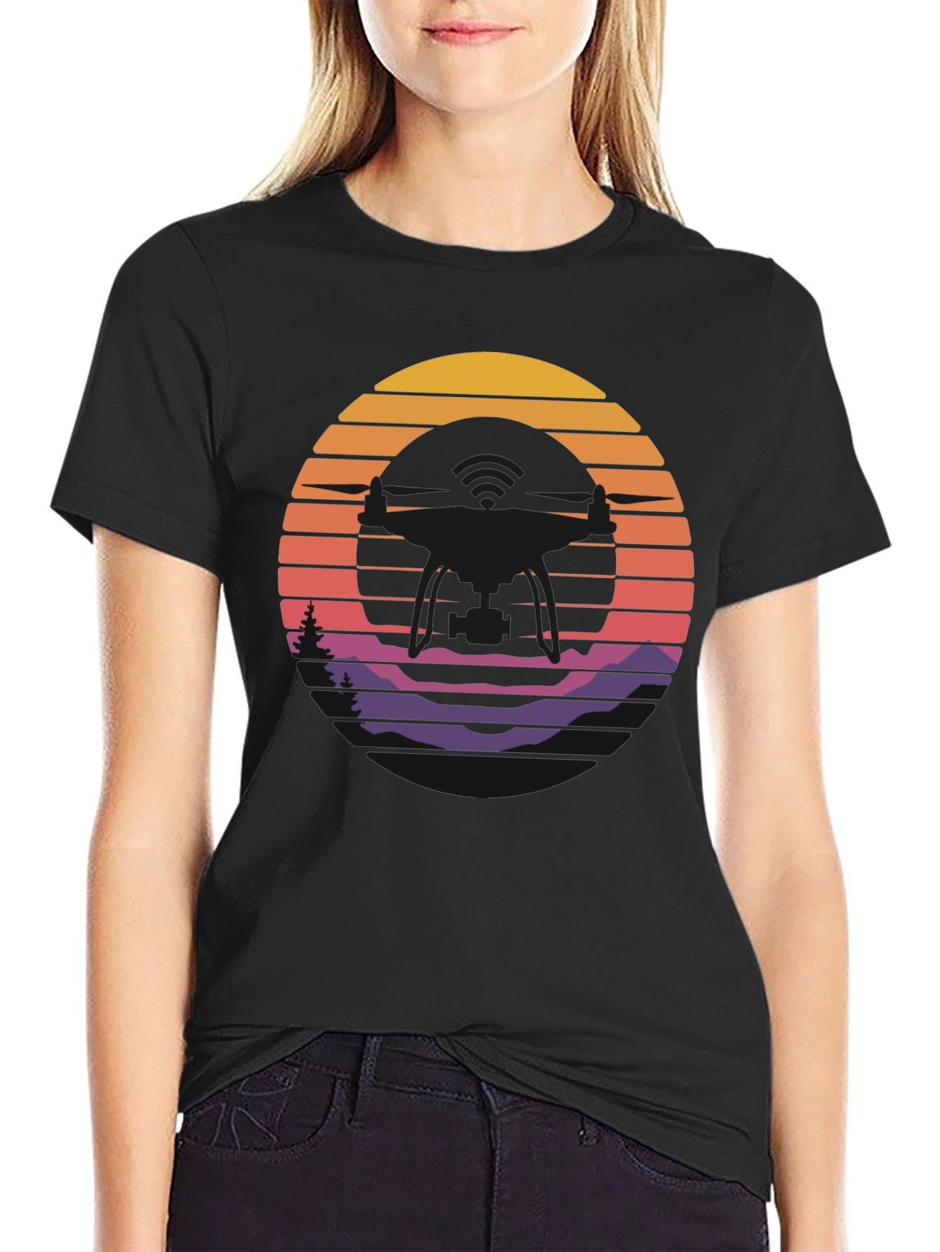Retro Sunset Drone Silhouette Graphic T-Shirt
