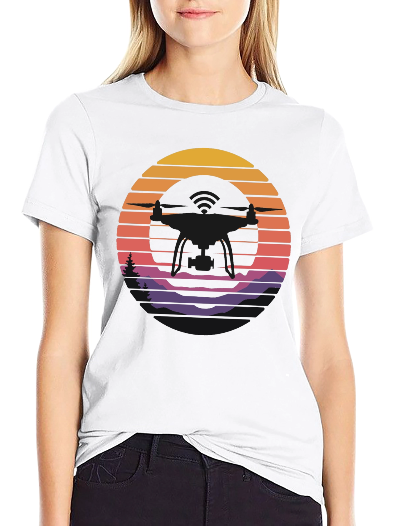 Retro Sunset Drone Silhouette Graphic T-Shirt