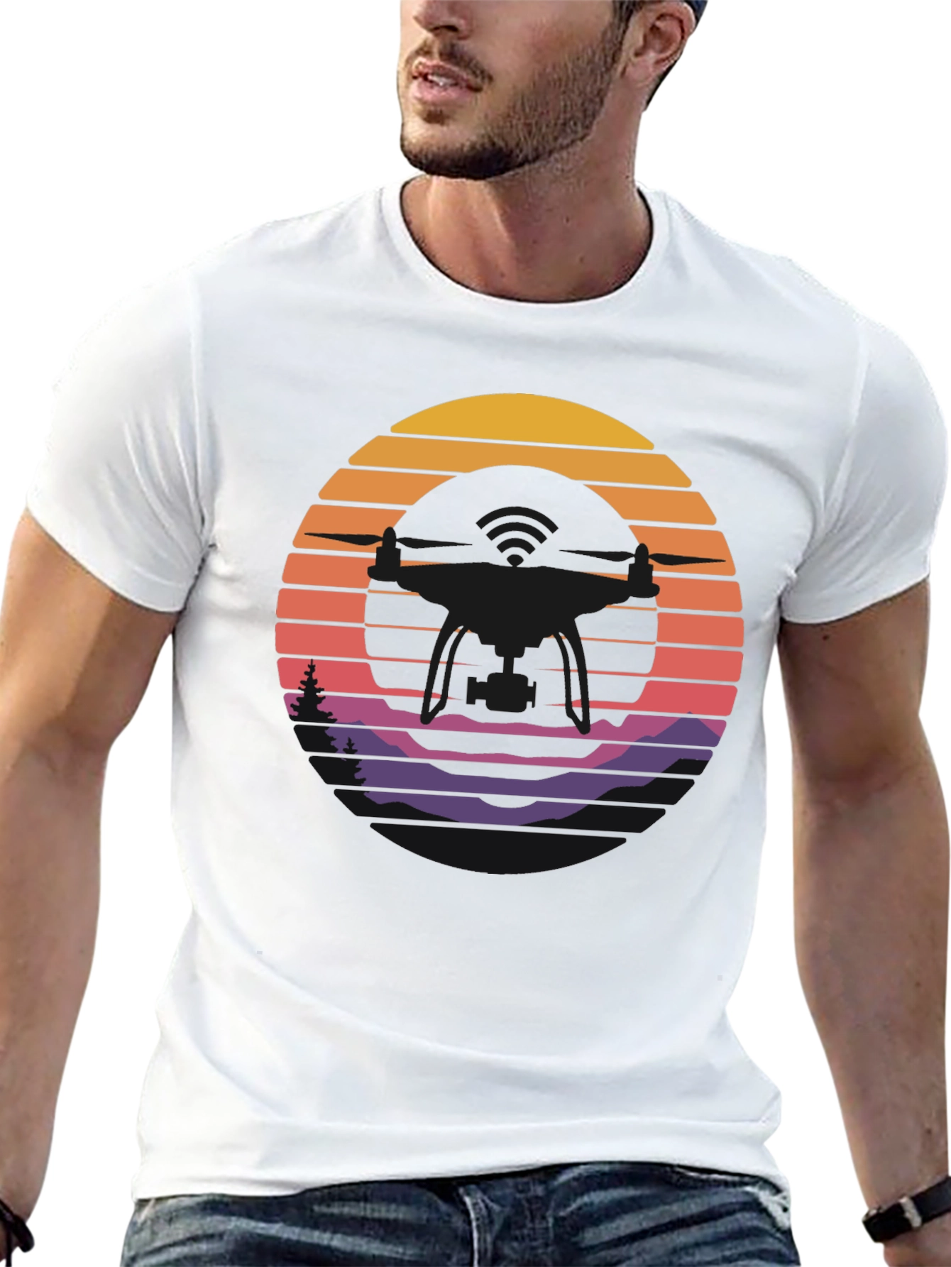 Retro Sunset Drone Silhouette Graphic T-Shirt