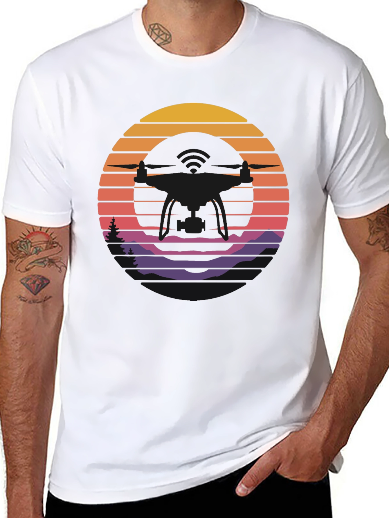 Retro Sunset Drone Silhouette Graphic T-Shirt
