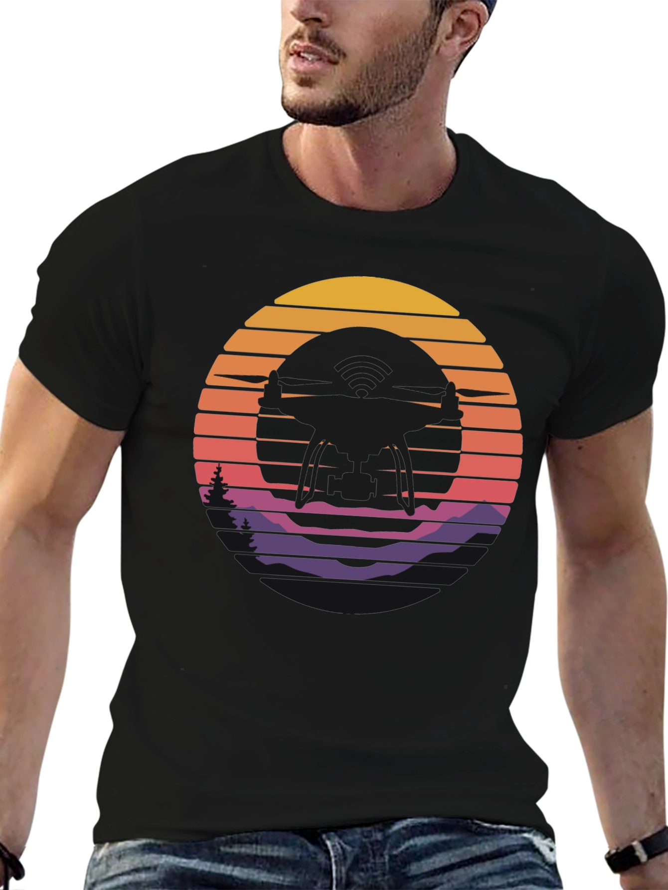 Retro Sunset Drone Silhouette Graphic T-Shirt