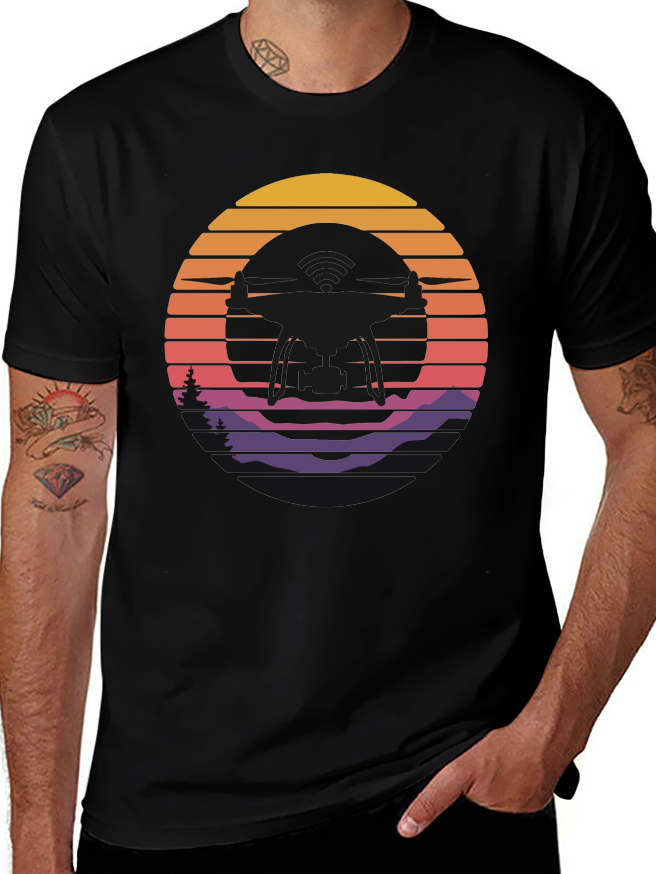 Retro Sunset Drone Silhouette Graphic T-Shirt