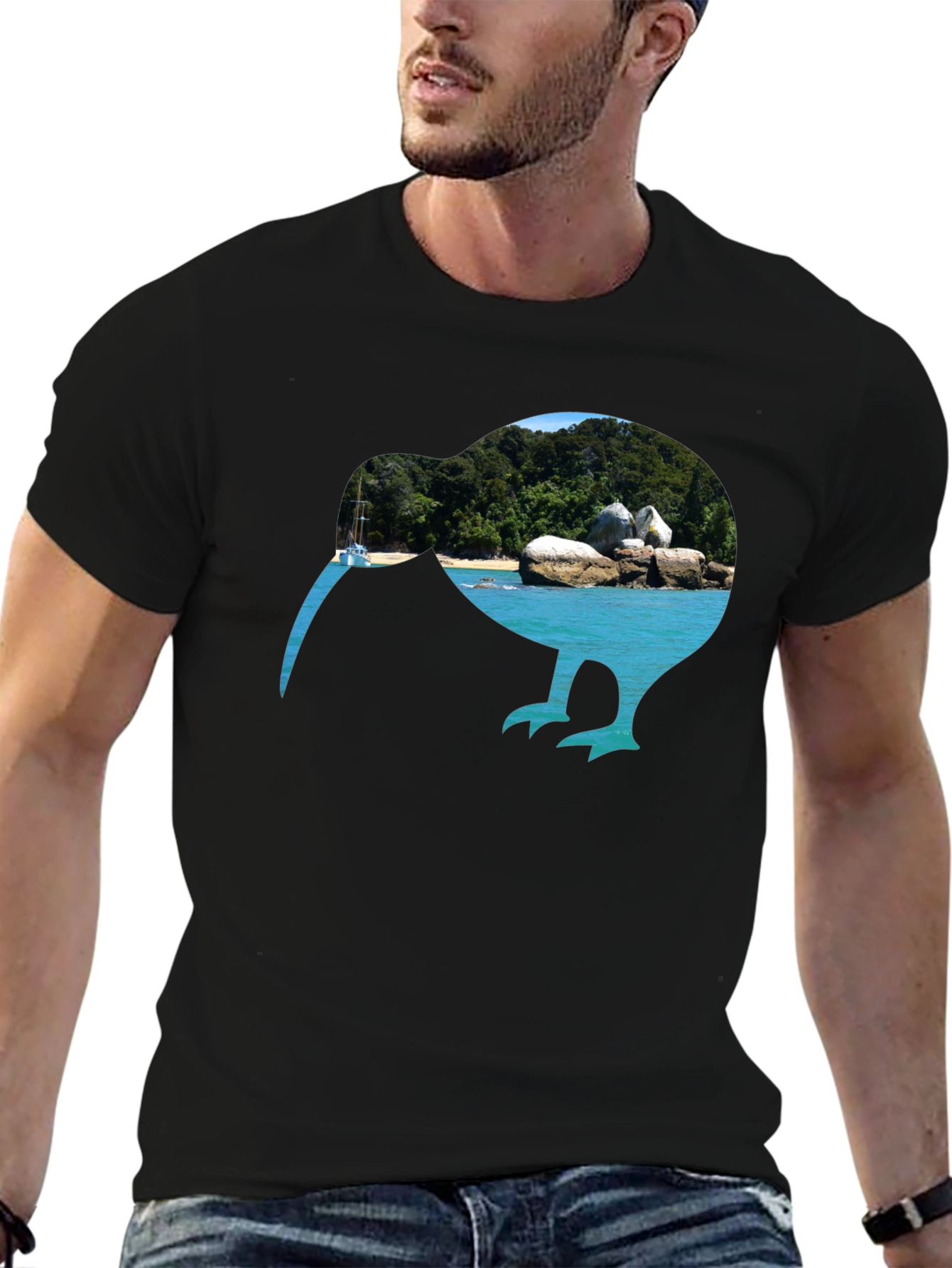 Kiwi Beach Graphic Tee - Black Cotton T-Shirt