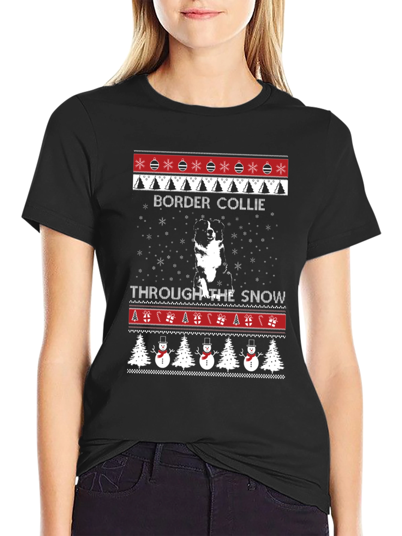 Border Collie Christmas Sweater Style T-Shirt
