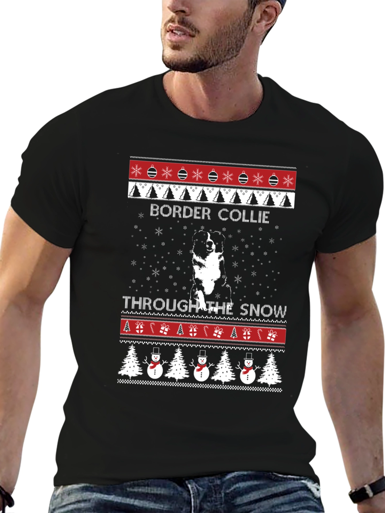 Border Collie Christmas Sweater Style T-Shirt