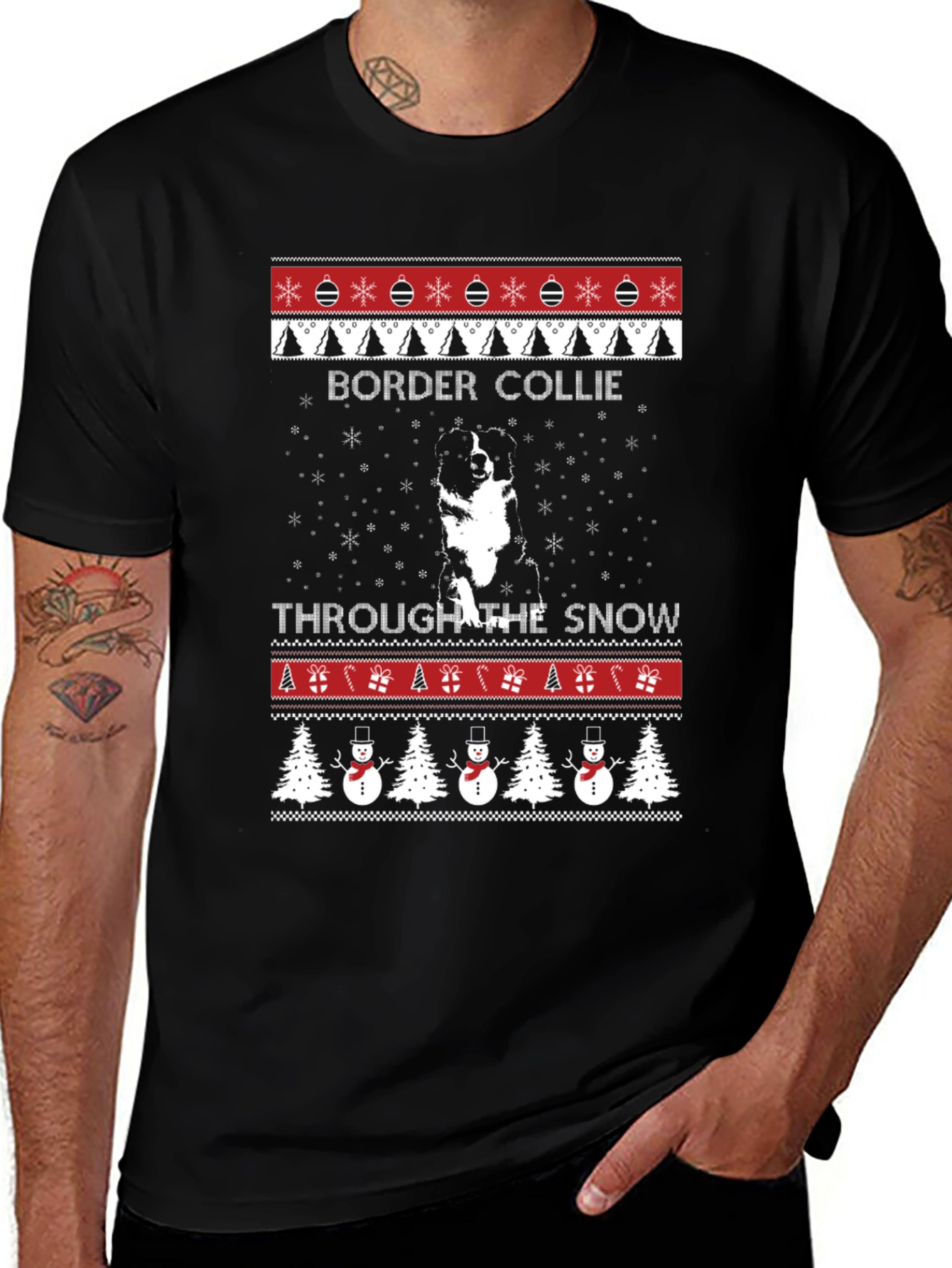 Border Collie Christmas Sweater Style T-Shirt