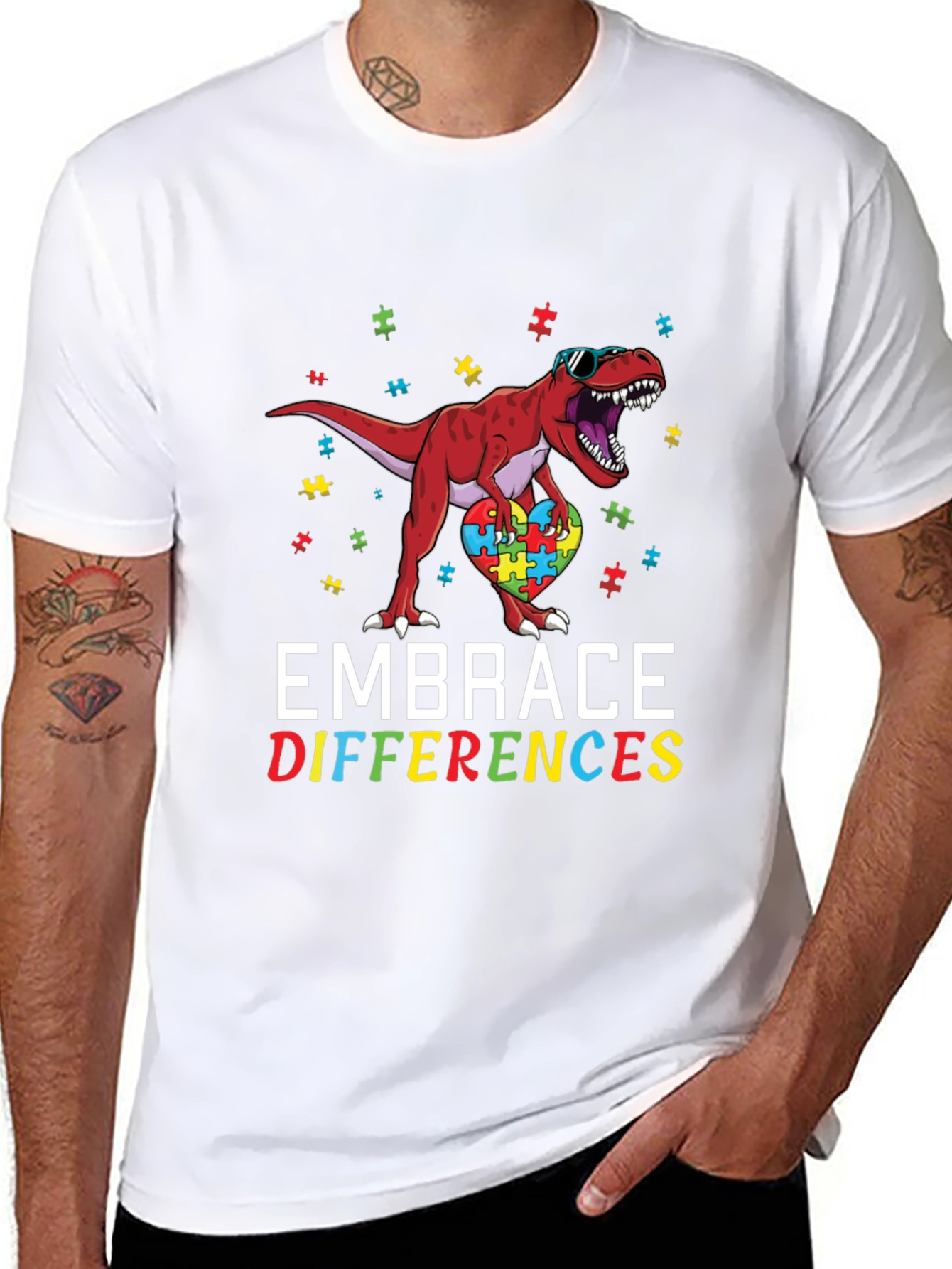 Embrace Differences Autism Awareness Dinosaur T-Shirt