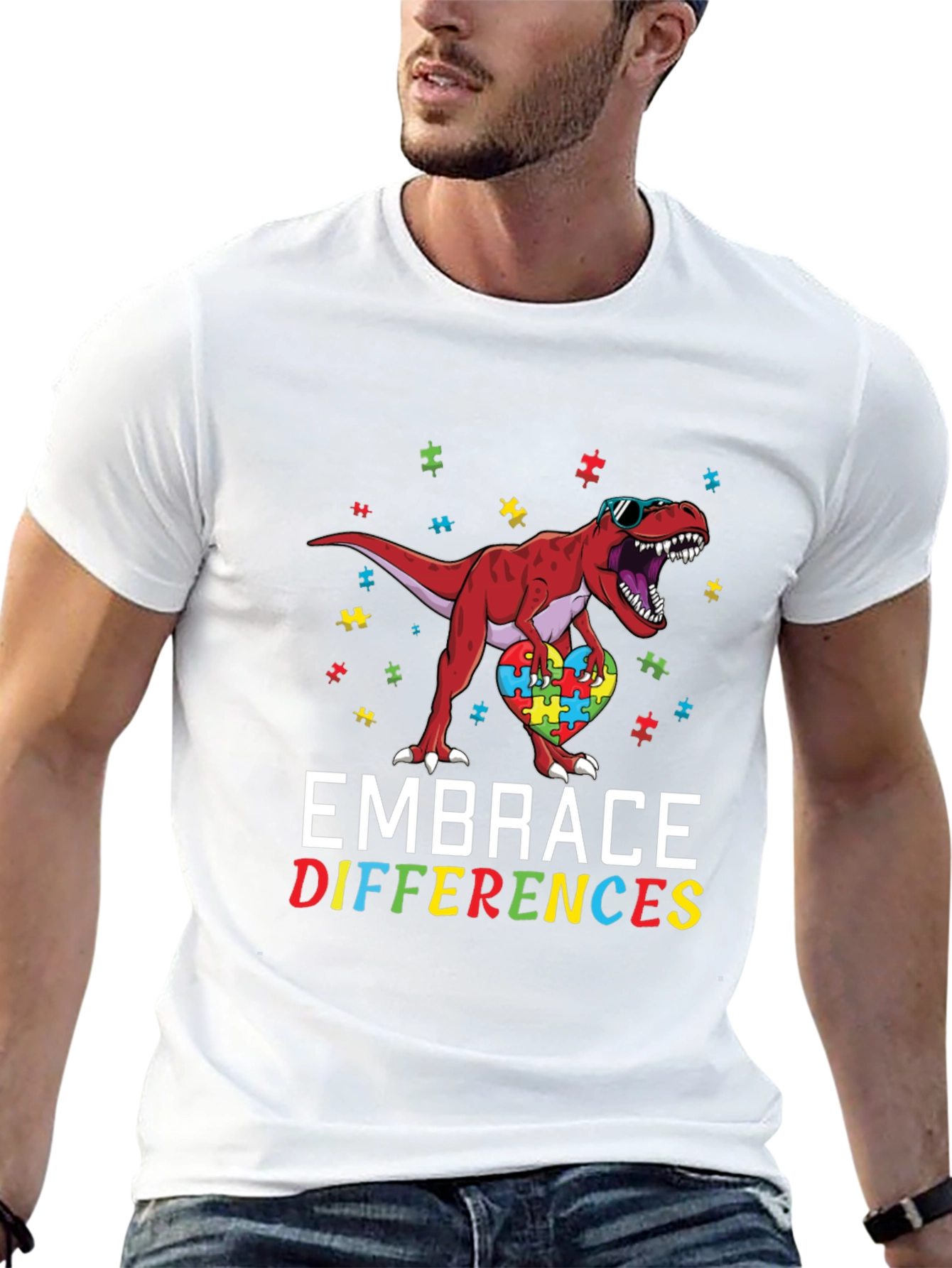 Embrace Differences Autism Awareness Dinosaur T-Shirt
