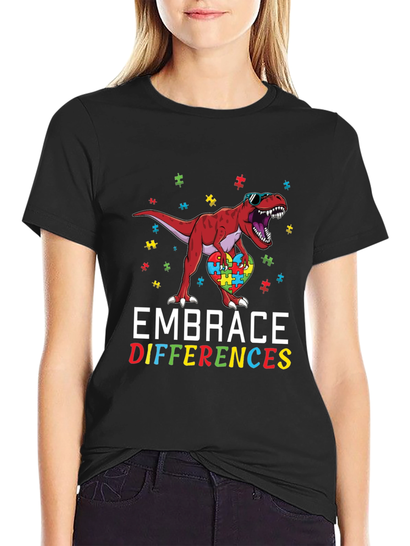 Embrace Differences Autism Awareness Dinosaur T-Shirt