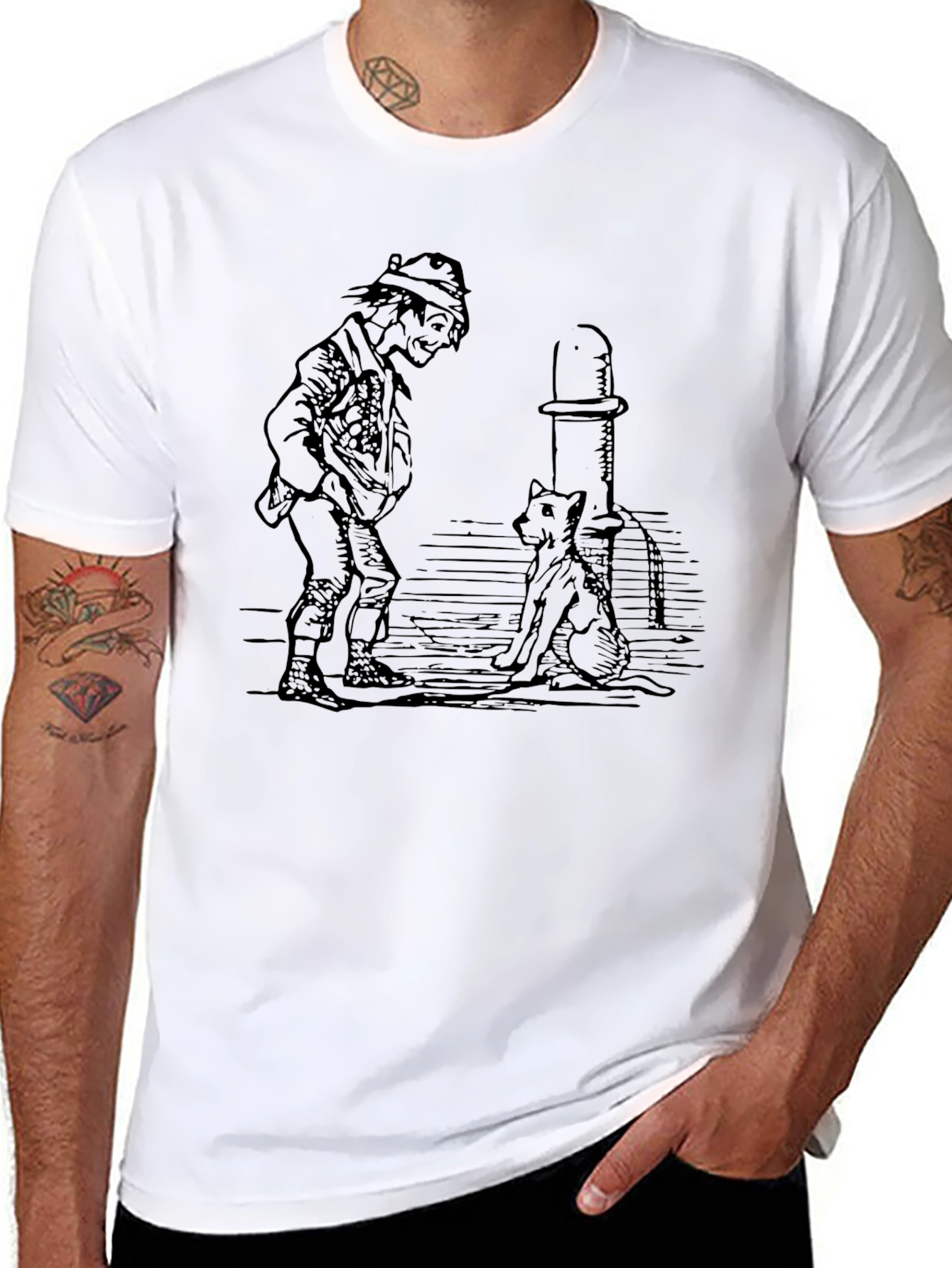 Whimsical Man & Dog Graphic Tee - Black