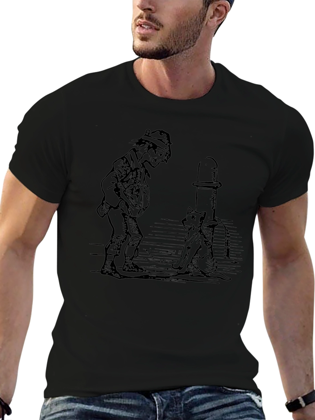Whimsical Man & Dog Graphic Tee - Black