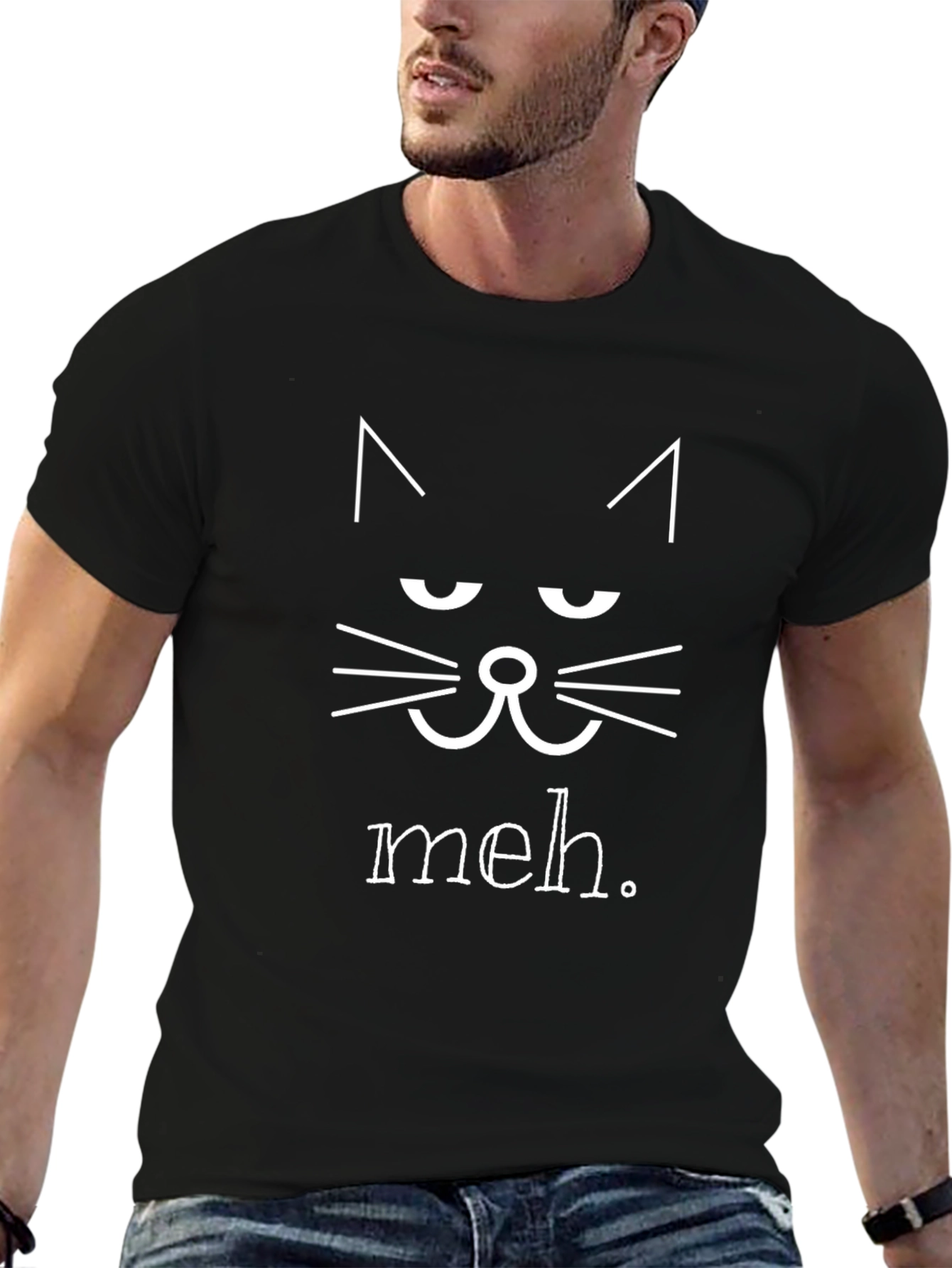 Meh Cat Graphic Tee - Black Cotton T-Shirt