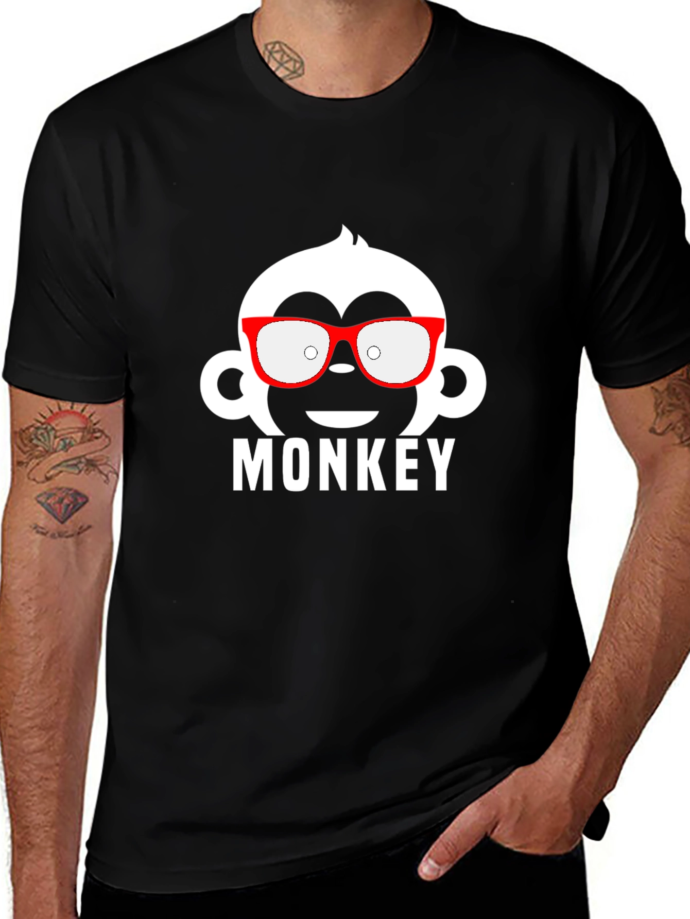 Monkey with Glasses Graphic Tee - Black Cotton T-Shirt