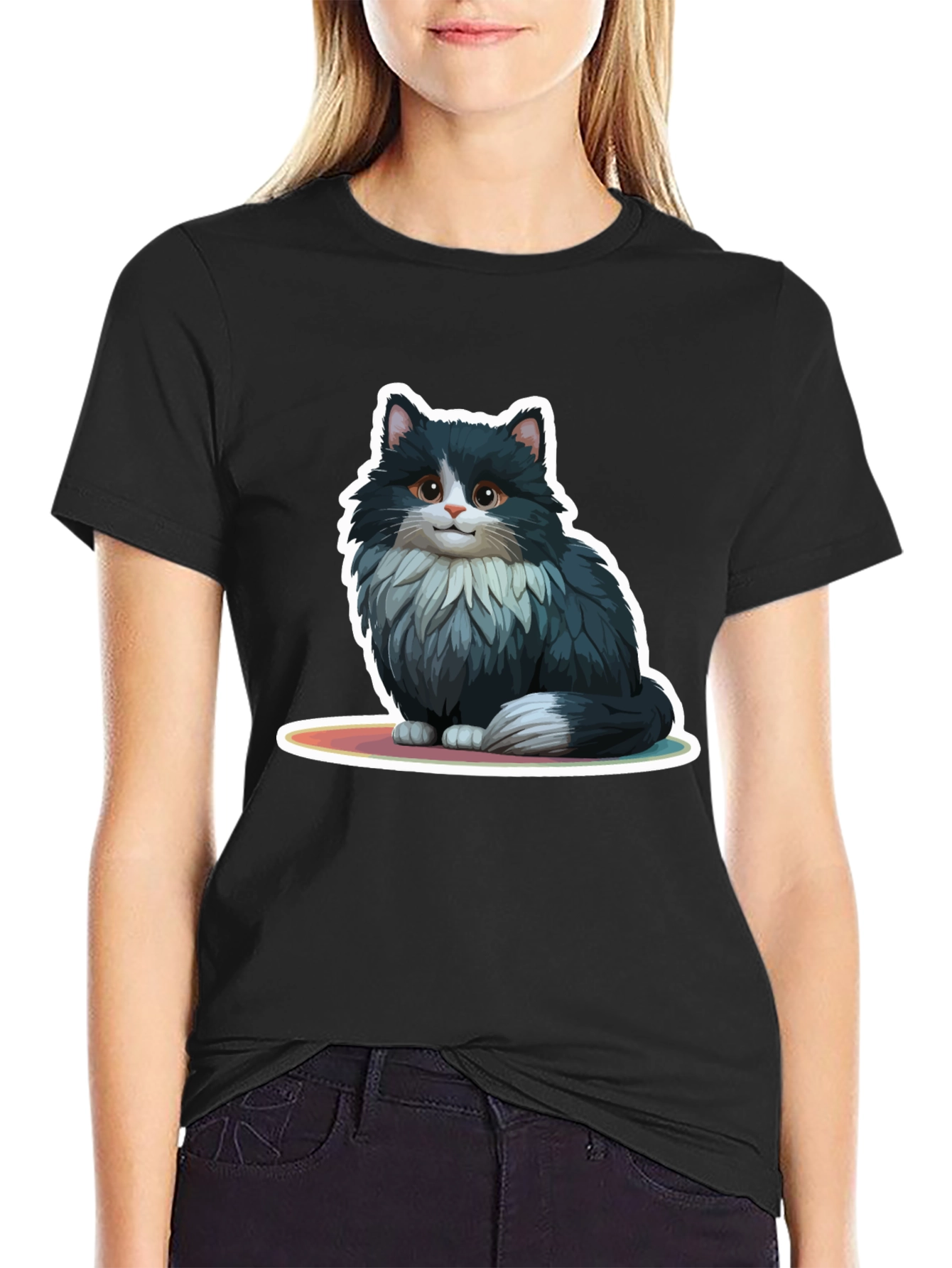 Cute Cat Graphic Black T-Shirt