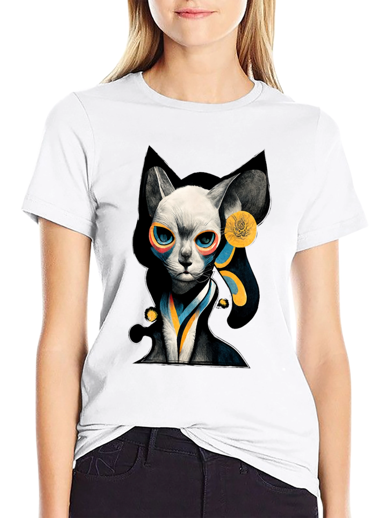 Abstract Cat Graphic Black T-Shirt