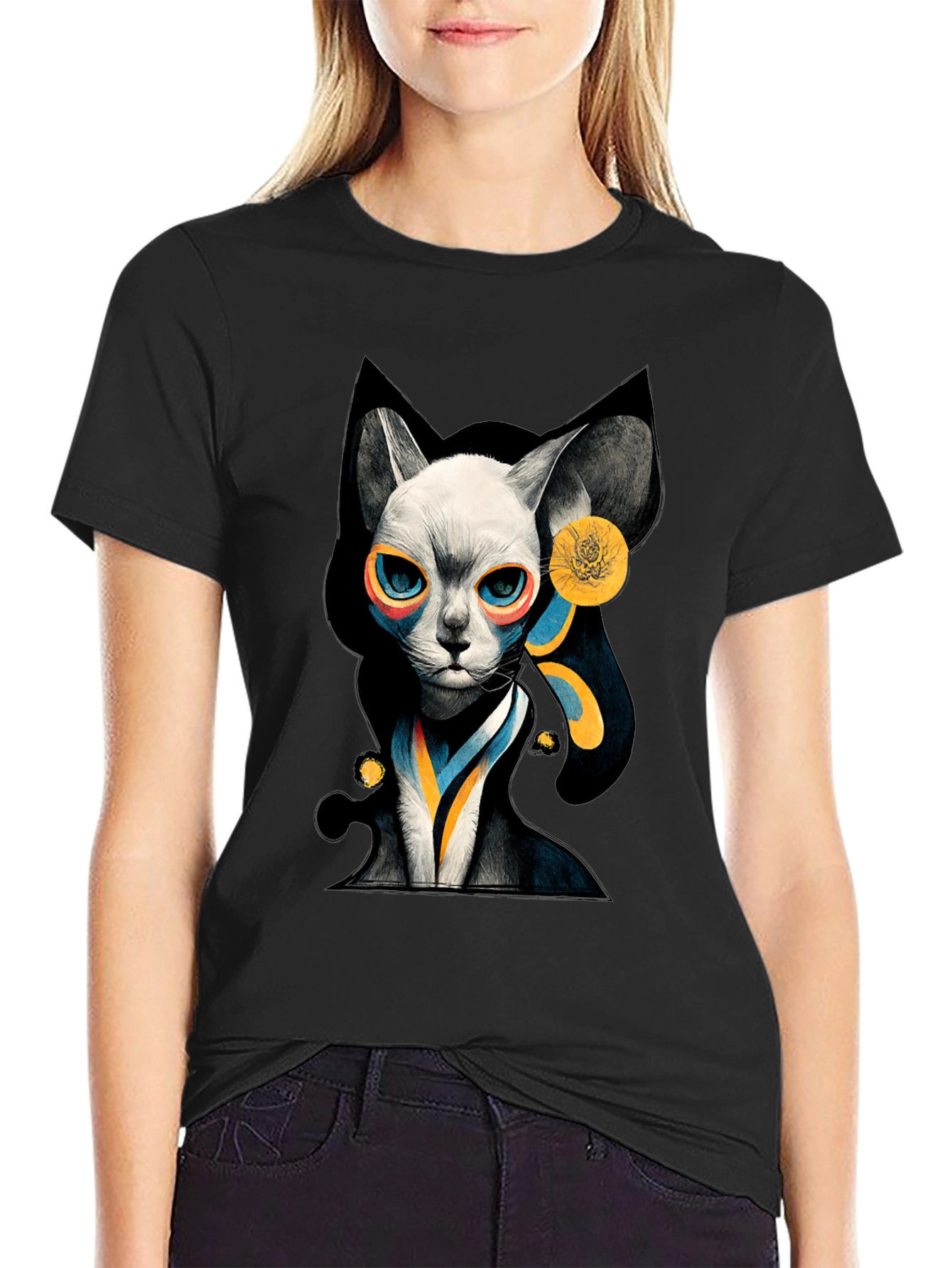 Abstract Cat Graphic Black T-Shirt