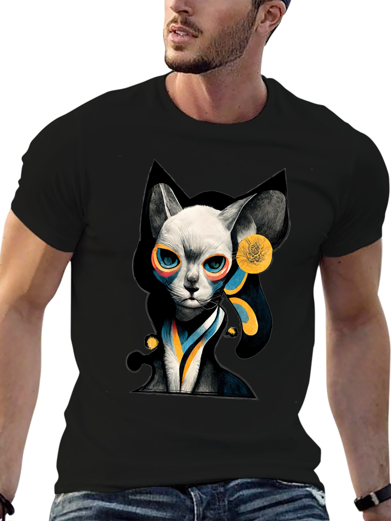 Abstract Cat Graphic Black T-Shirt