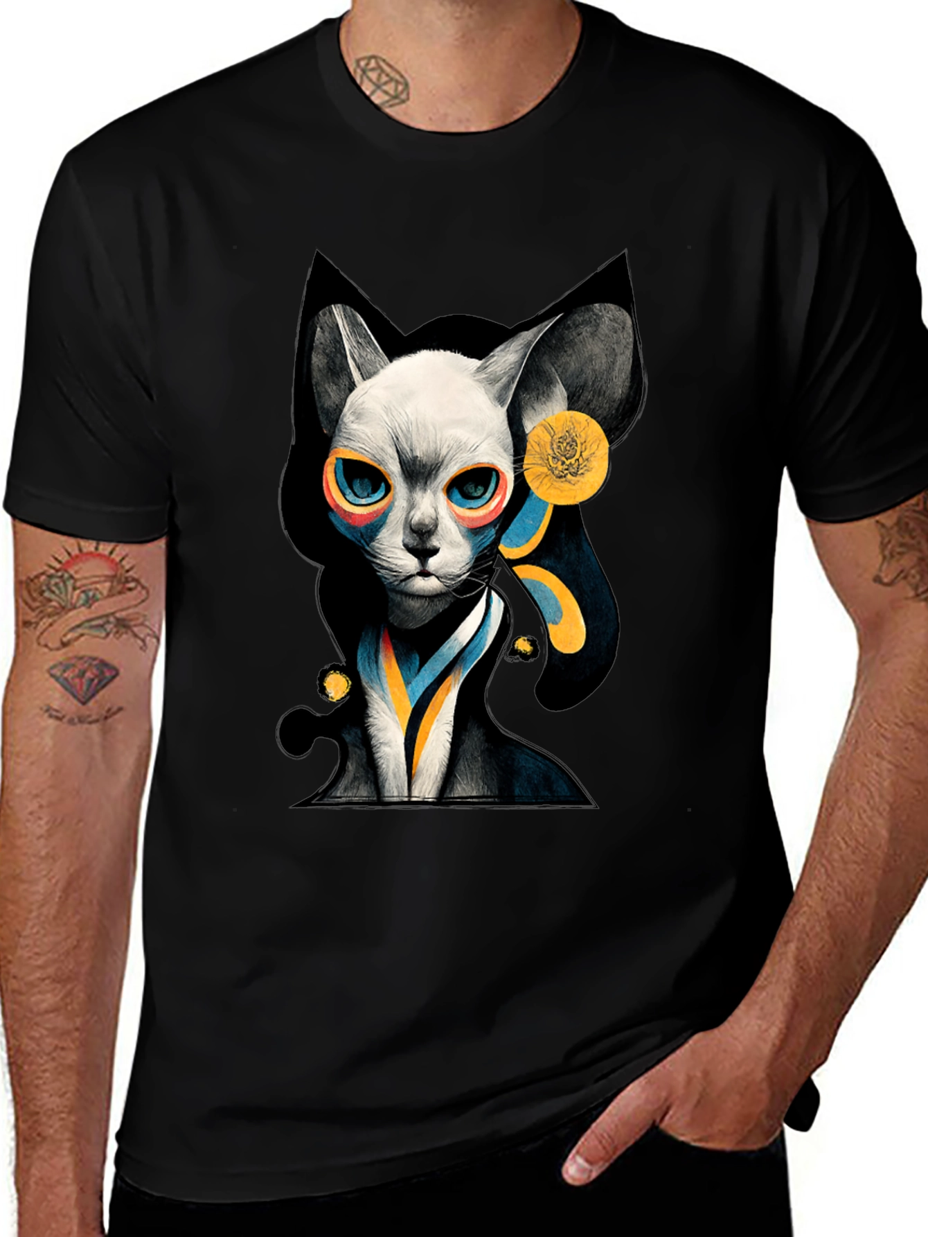 Abstract Cat Graphic Black T-Shirt