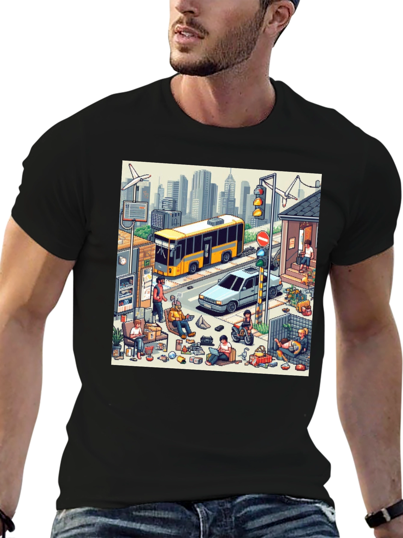 Isometric City Life Graphic Tee - Black Casual Shirt