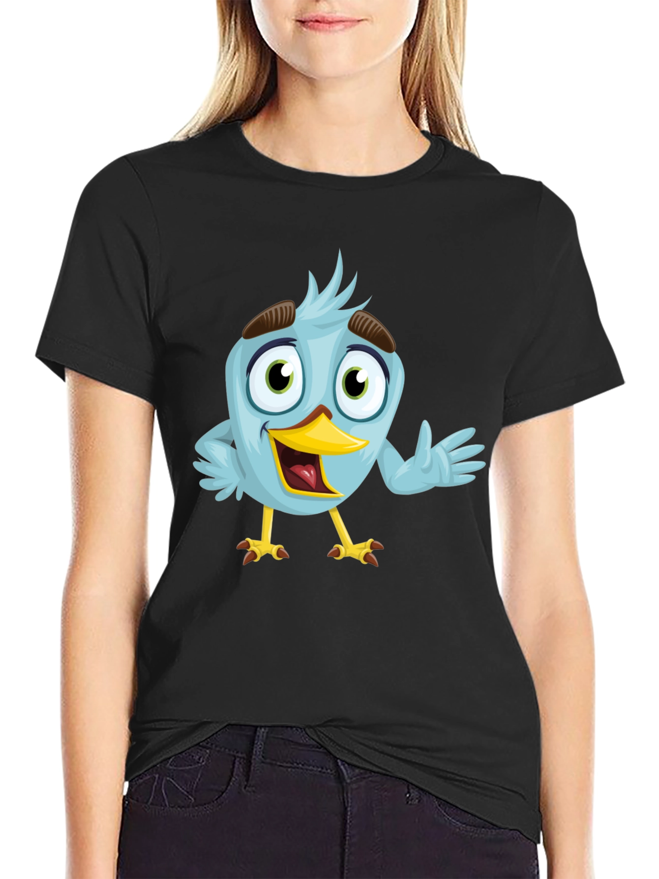 Cartoon Bird Graphic T-Shirt - Black