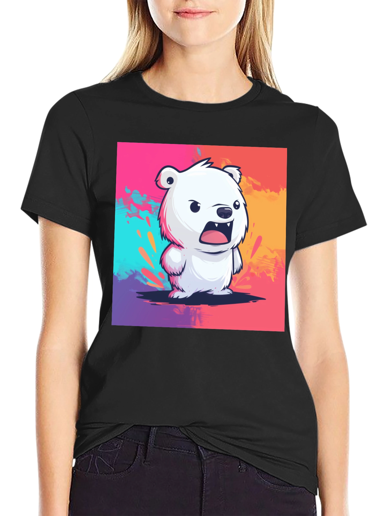 Cartoon Bear Graphic Tee - Black Casual T-Shirt