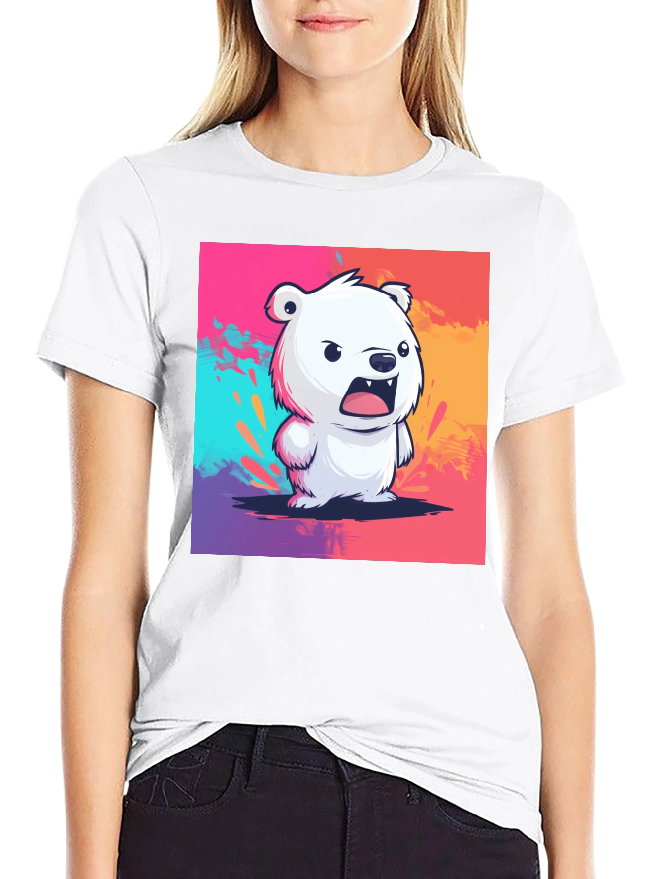 Cartoon Bear Graphic Tee - Black Casual T-Shirt