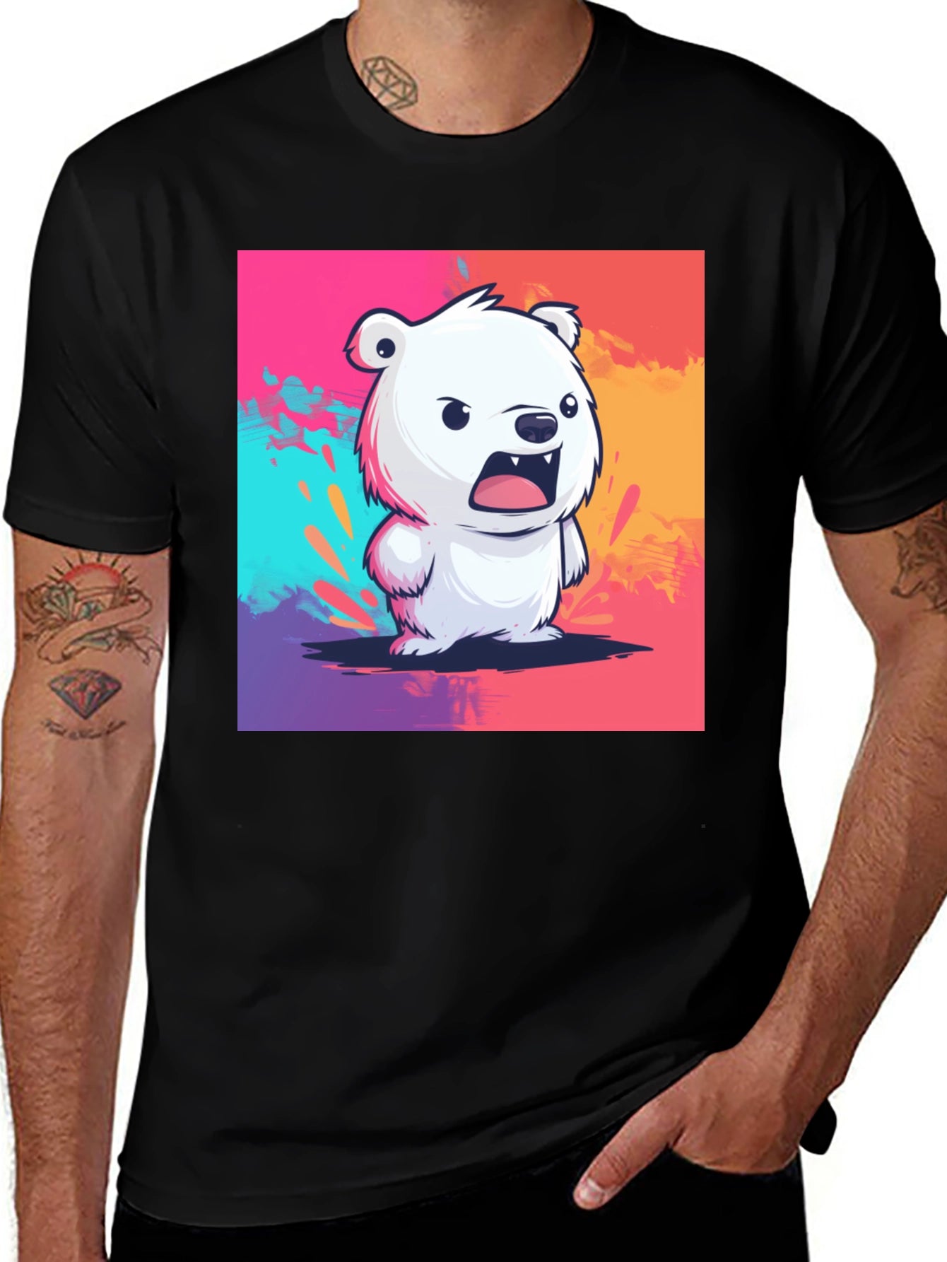 Cartoon Bear Graphic Tee - Black Casual T-Shirt