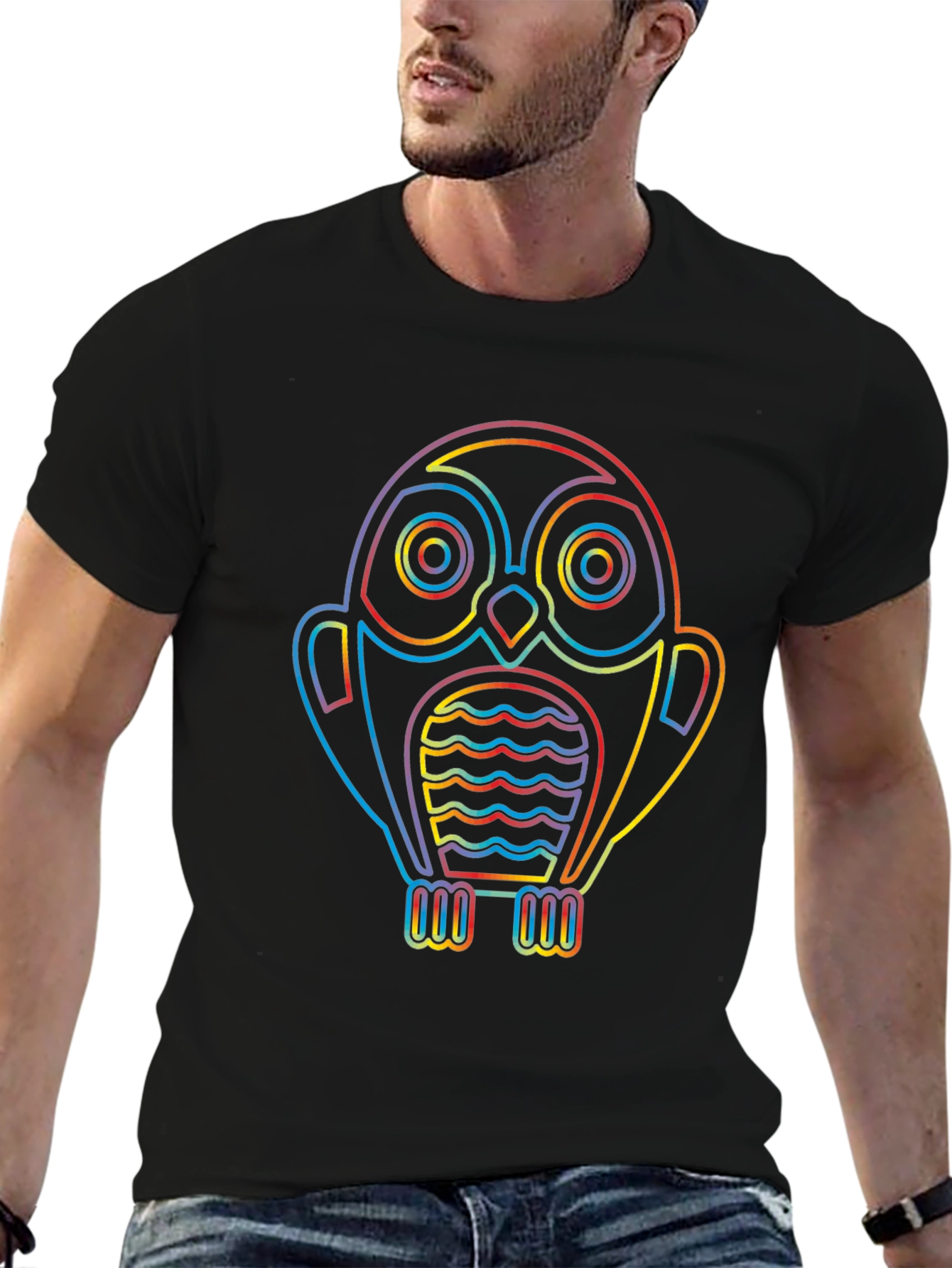 Rainbow Owl Graphic Tee - Stylish Mens Black T-Shirt