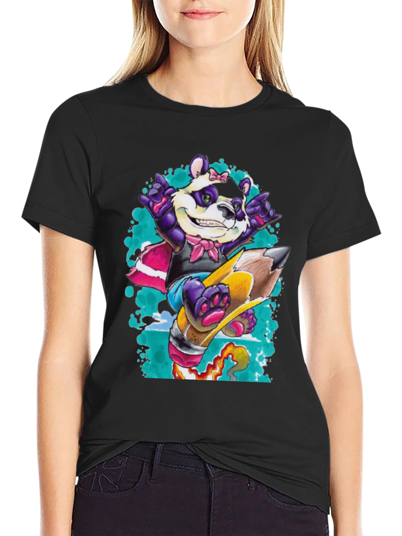 Panda on Pencil Black T-Shirt