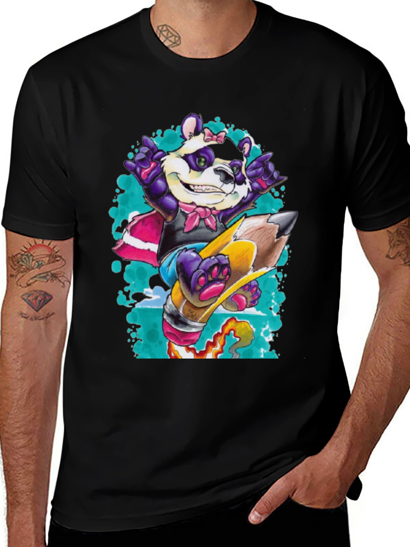Panda on Pencil Black T-Shirt