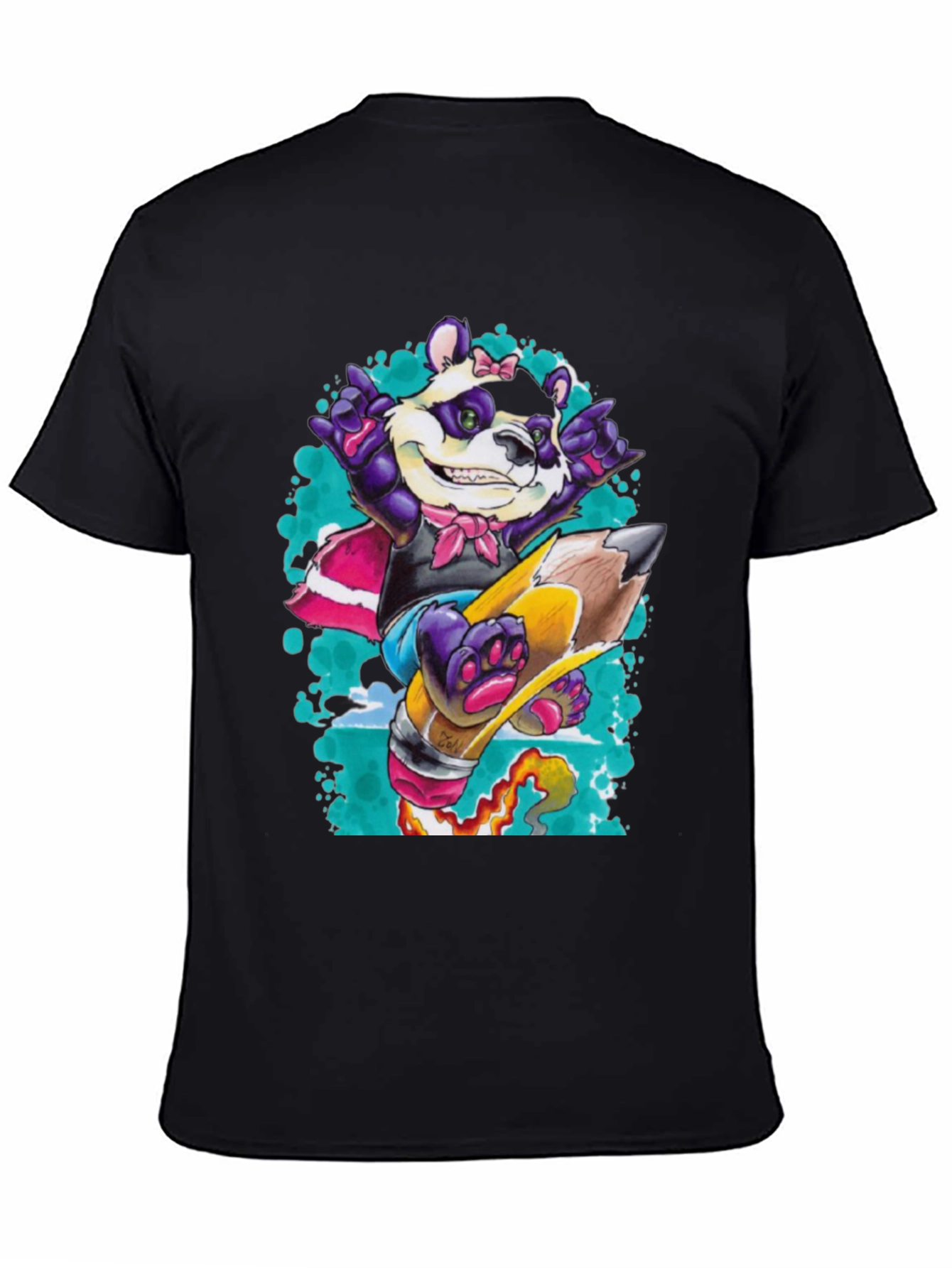 Panda on Pencil Black T-Shirt