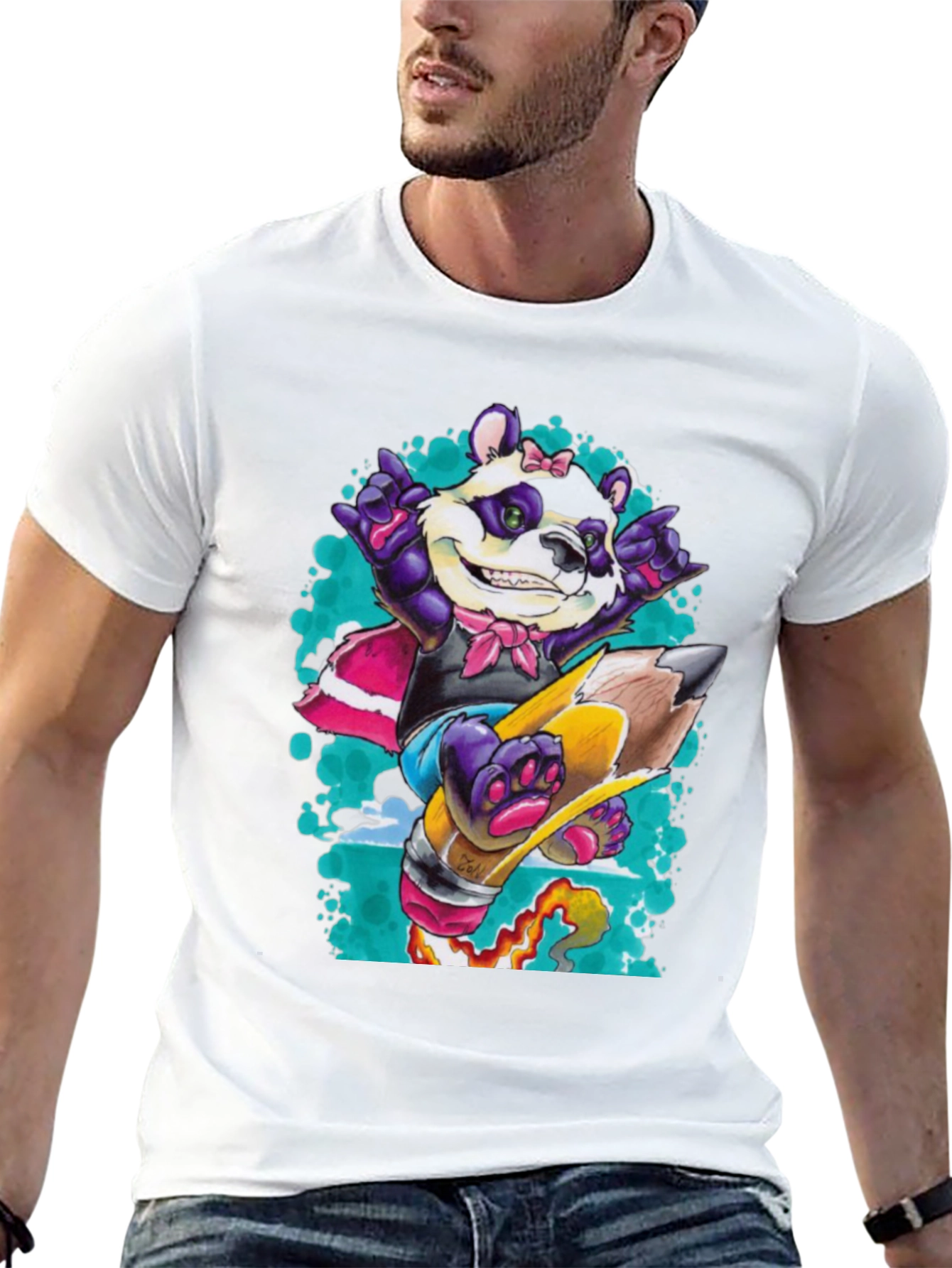 Panda on Pencil Black T-Shirt