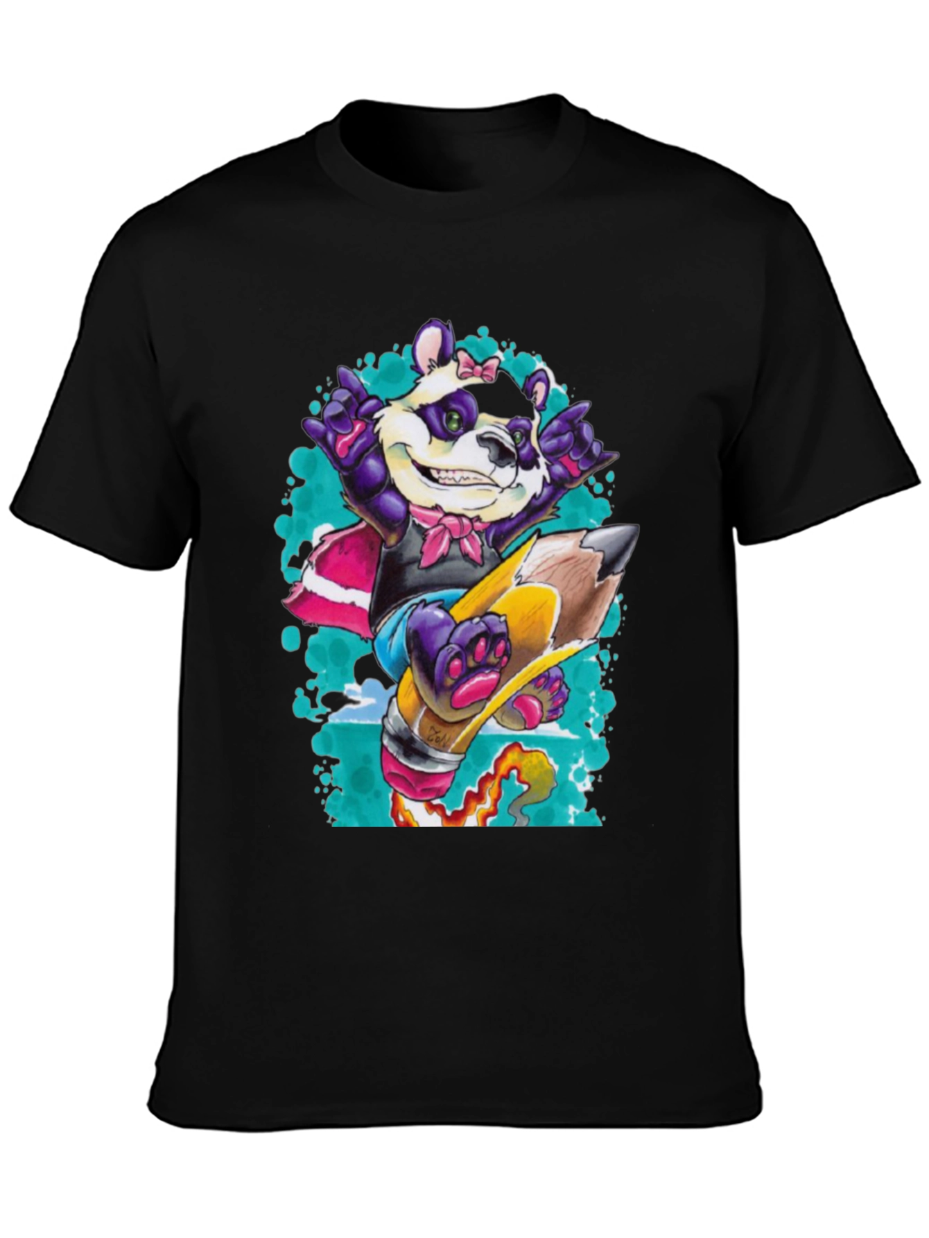 Panda on Pencil Black T-Shirt