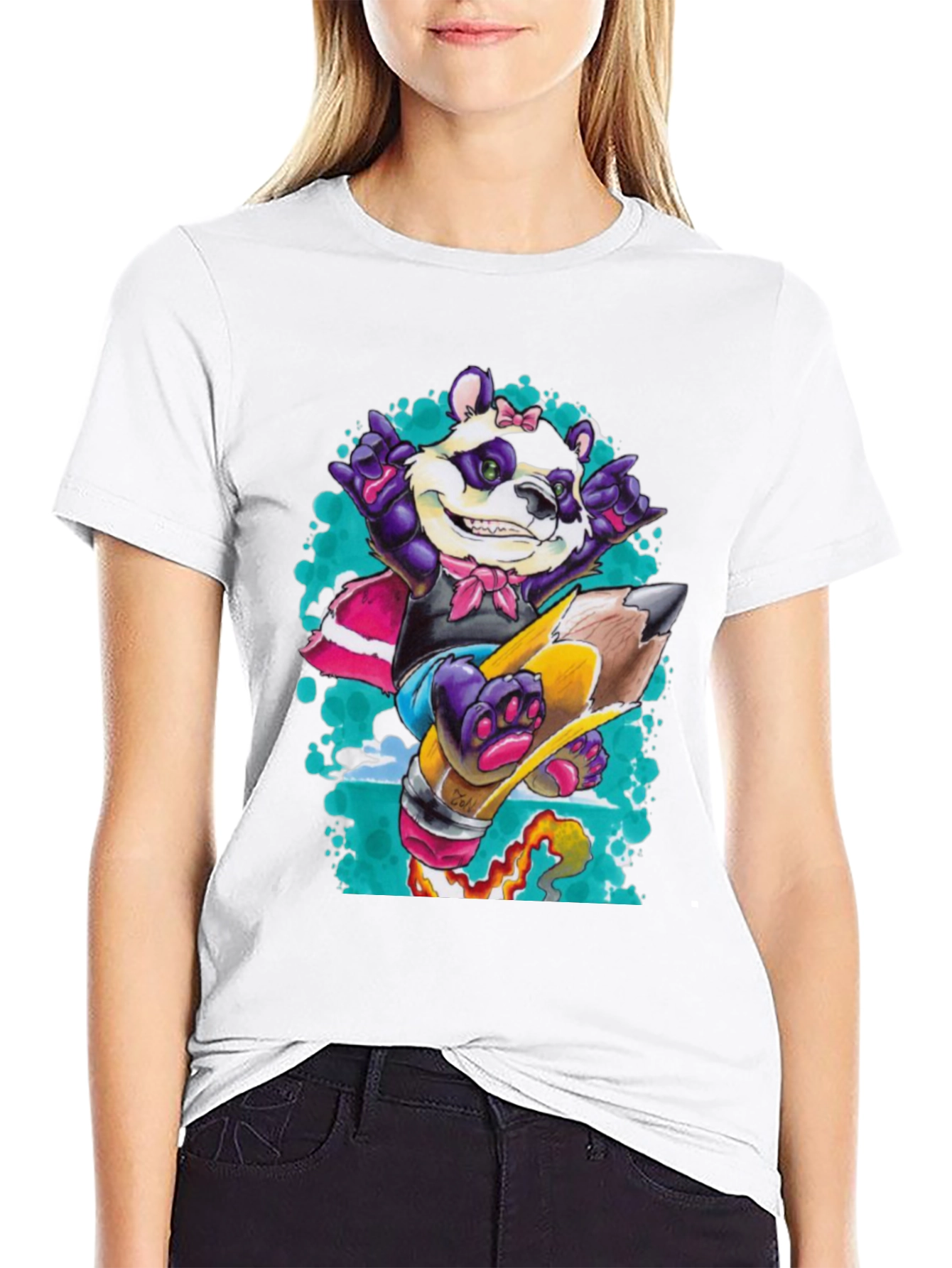 Panda on Pencil Black T-Shirt