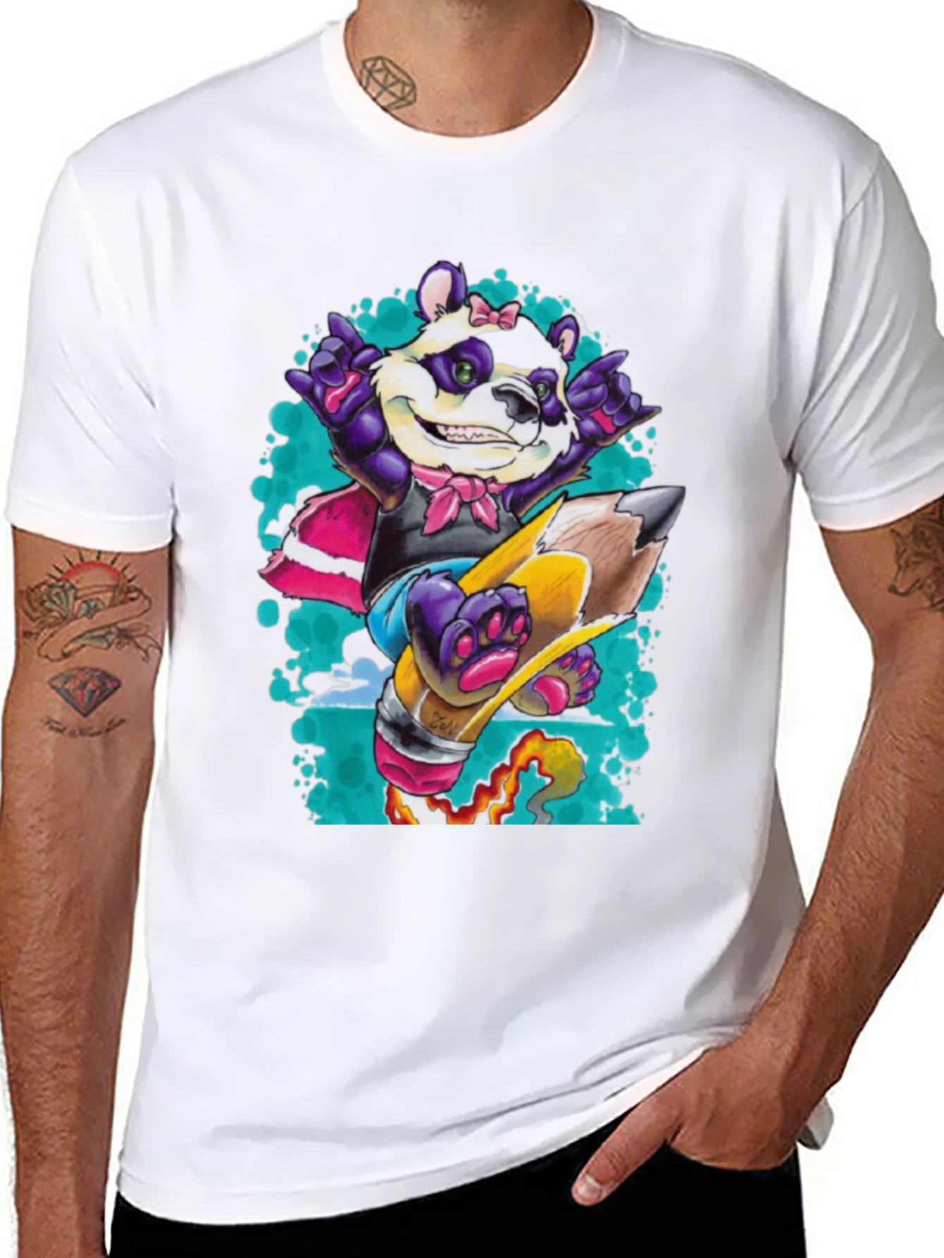 Panda on Pencil Black T-Shirt