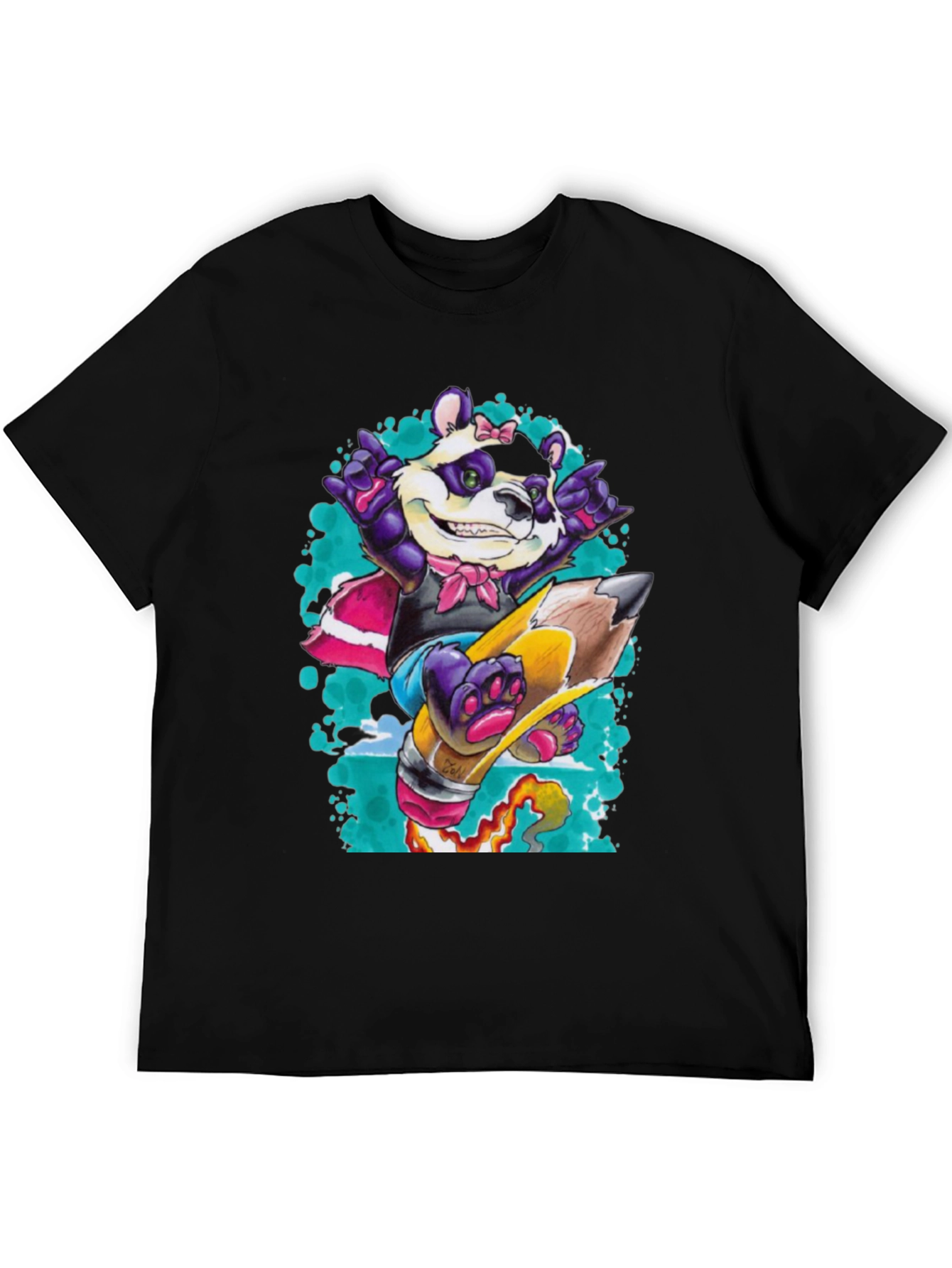 Panda on Pencil Black T-Shirt