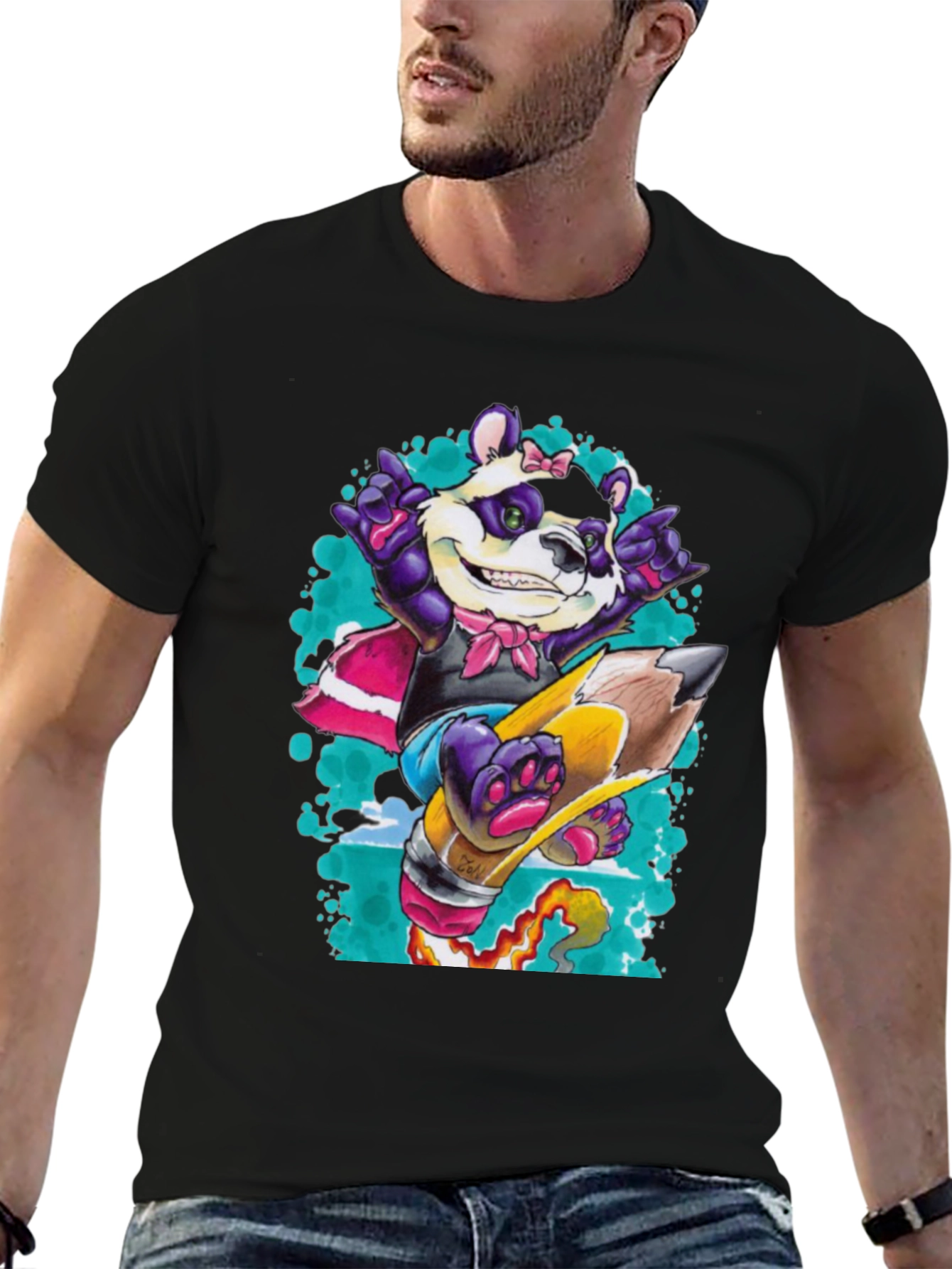 Panda on Pencil Black T-Shirt