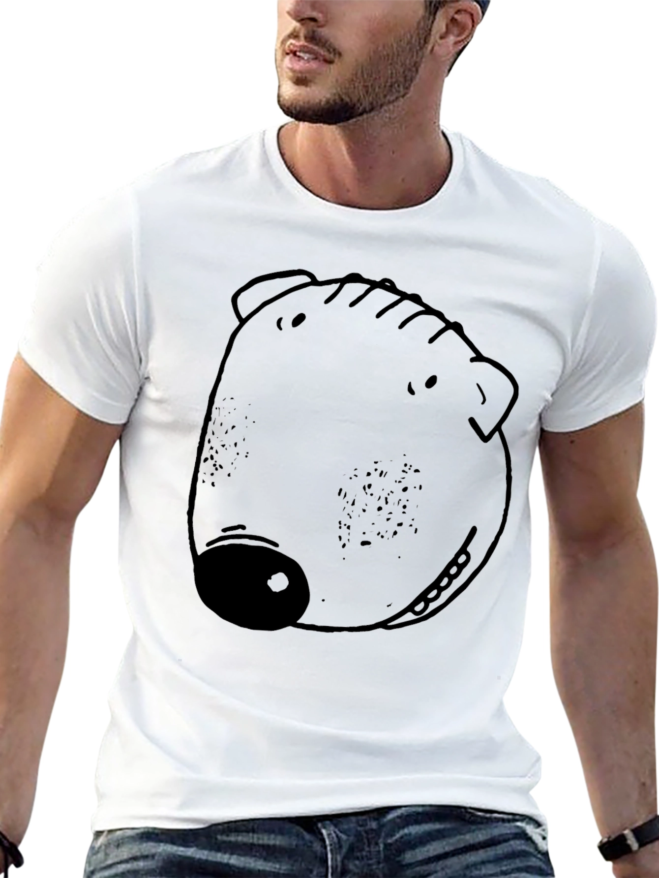 Cartoon Pig Face Graphic Tee - Black Crew Neck