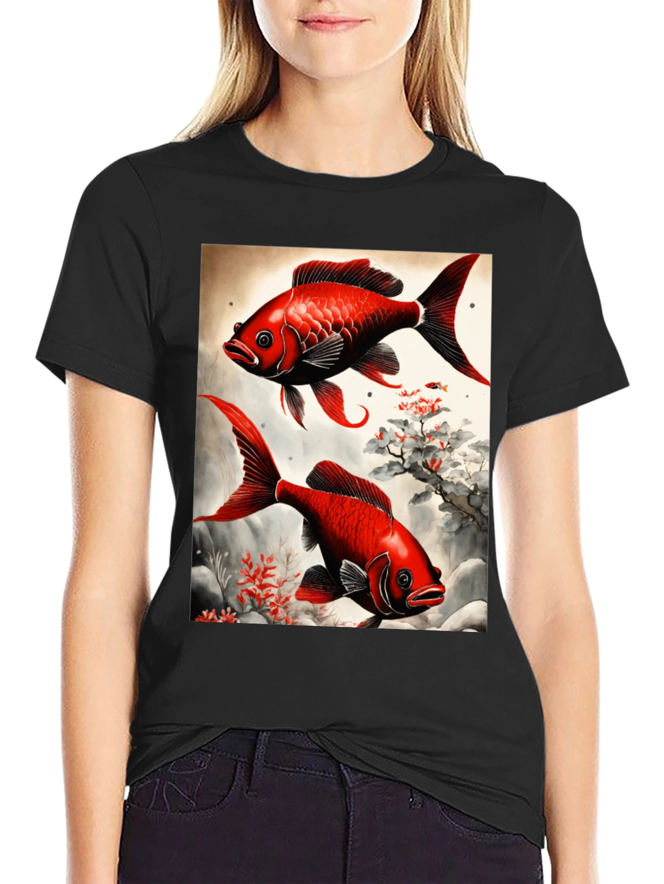Koi Fish Graphic Tee - Artistic Black T-Shirt