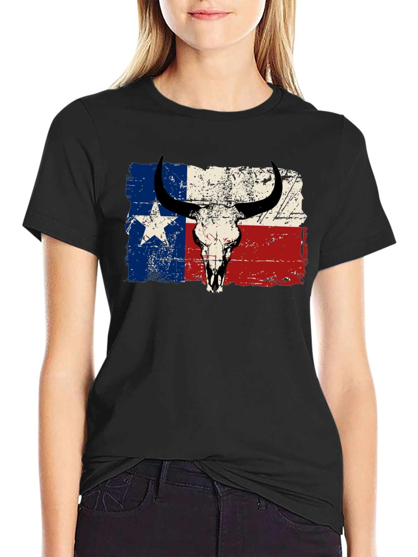Texas Flag Bull Skull Graphic T-Shirt