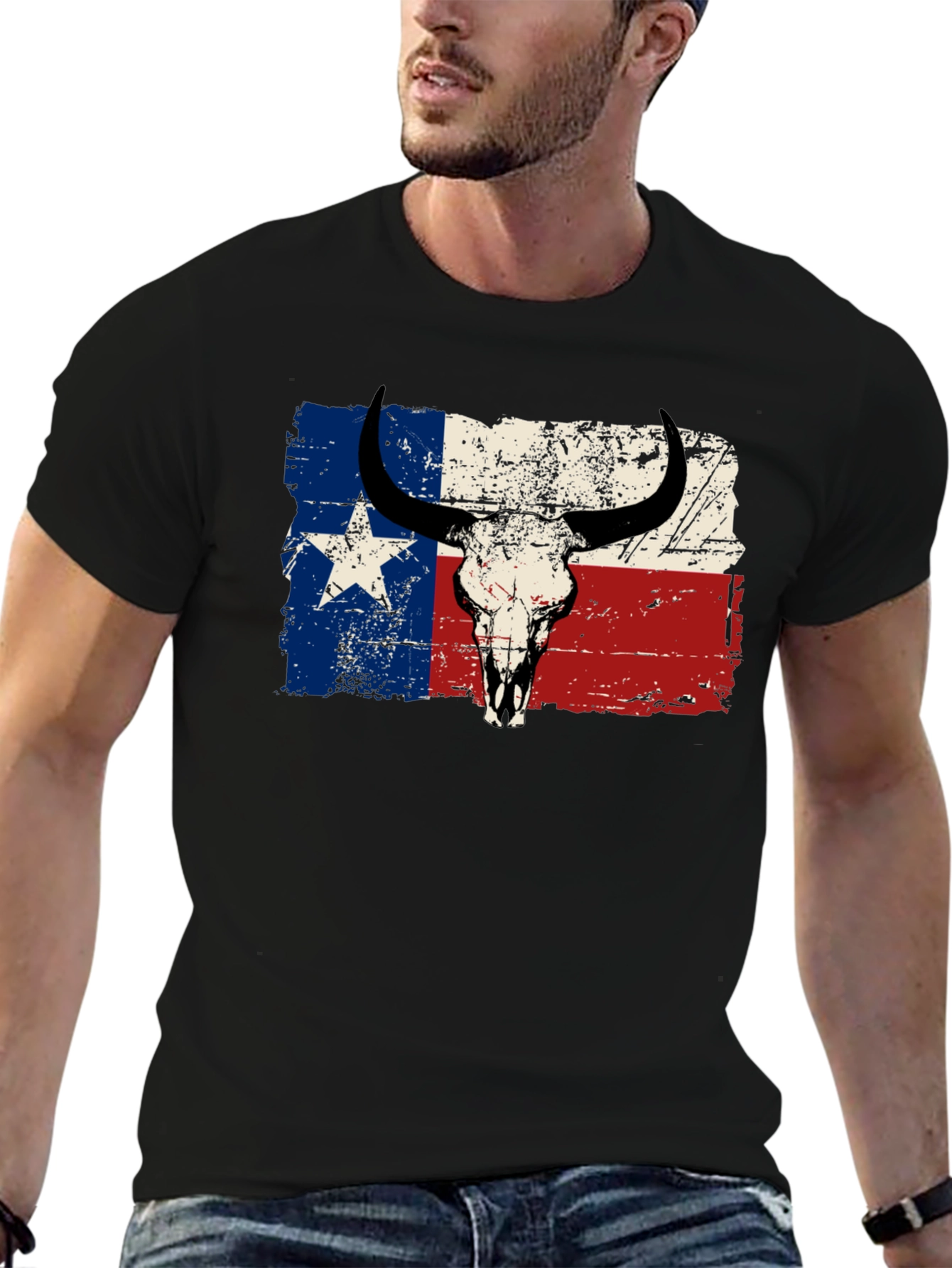 Texas Flag Bull Skull Graphic T-Shirt