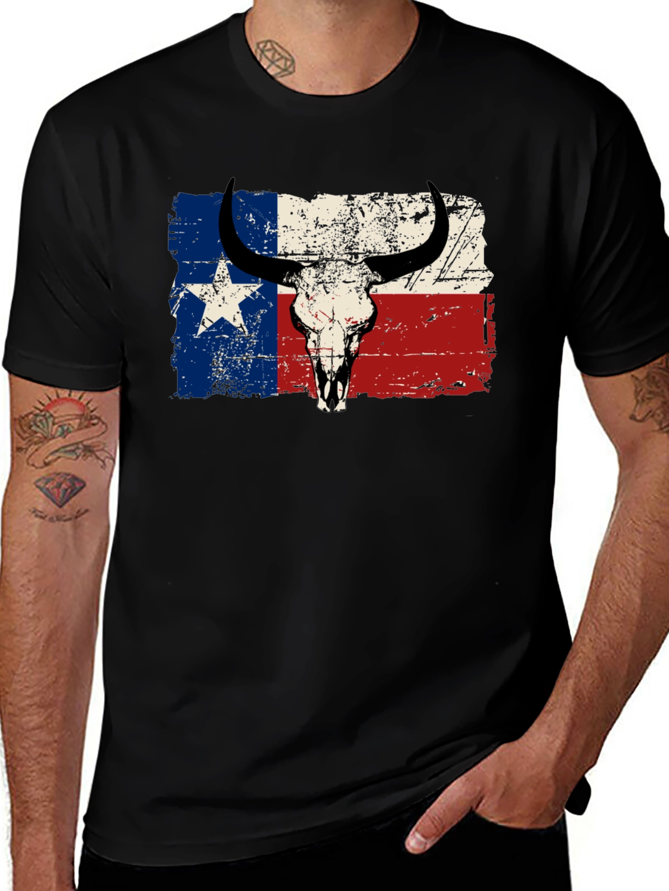 Texas Flag Bull Skull Graphic T-Shirt