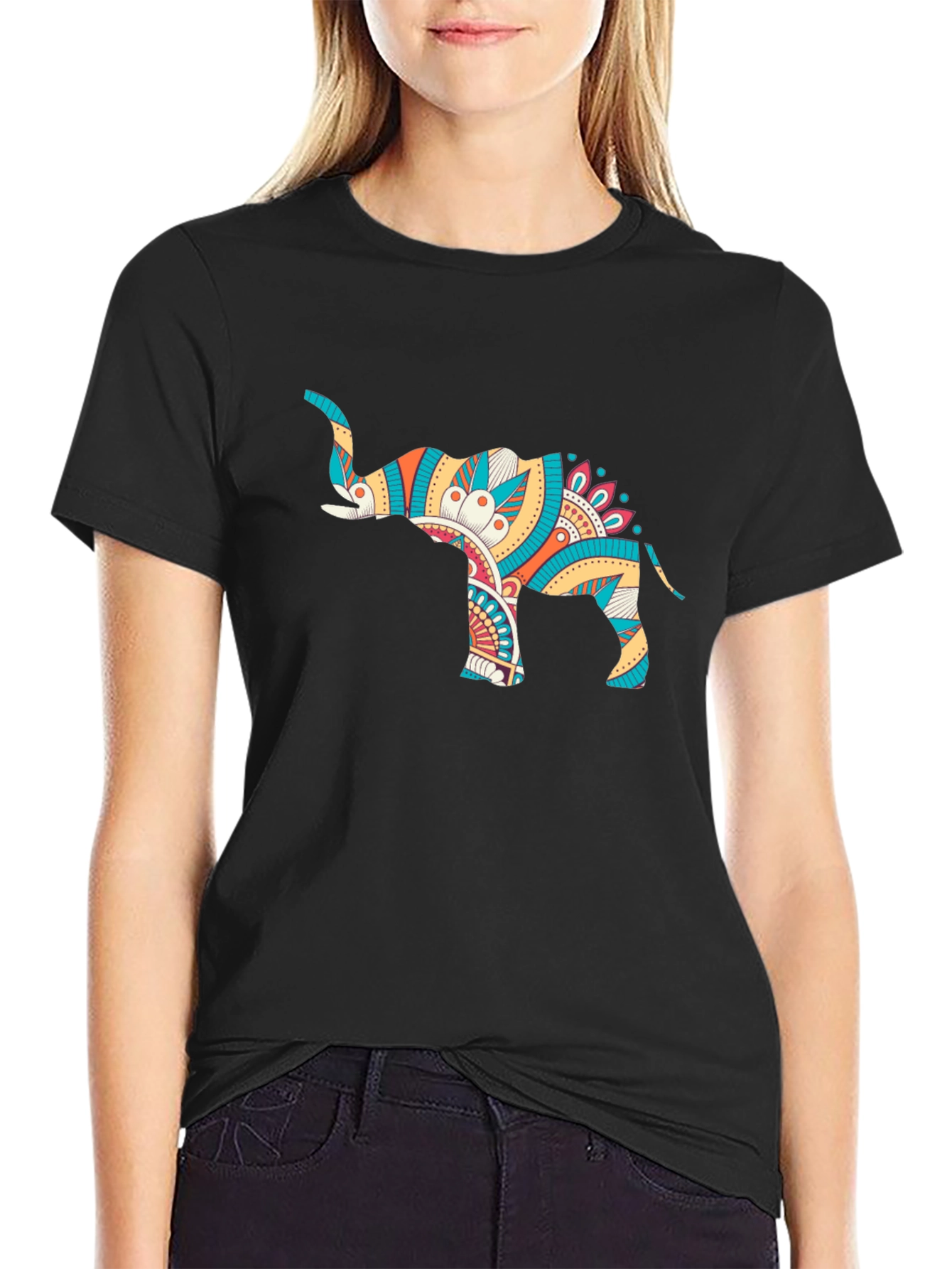 Mens Black Graphic Tee - Elephant Mandala Design