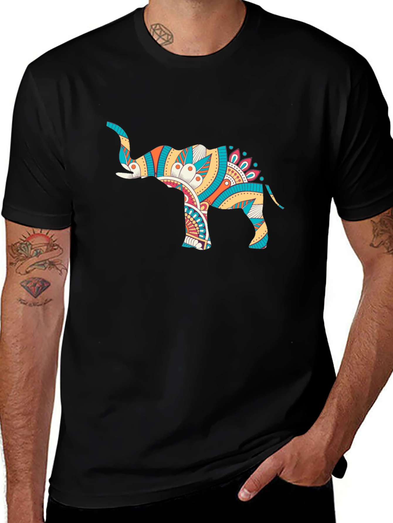 Mens Black Graphic Tee - Elephant Mandala Design
