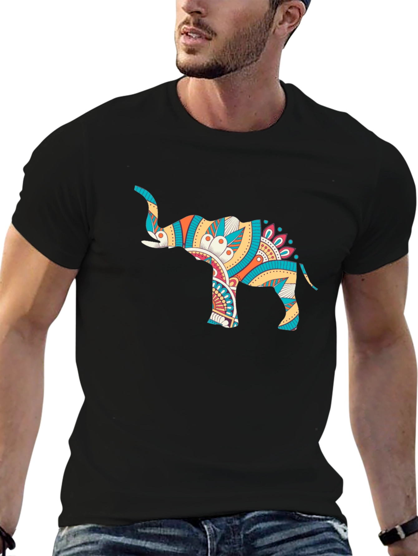 Mens Black Graphic Tee - Elephant Mandala Design