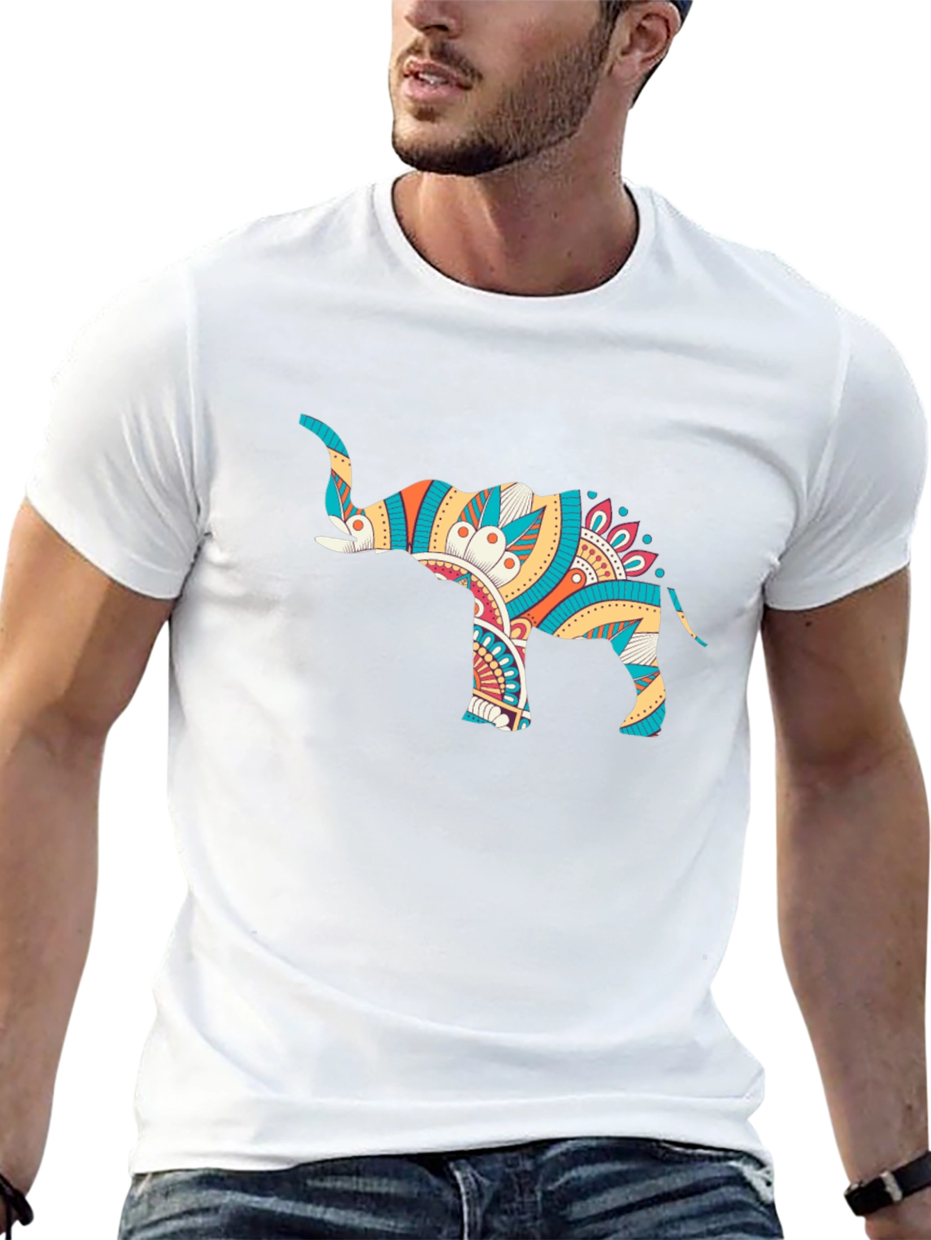 Mens Black Graphic Tee - Elephant Mandala Design