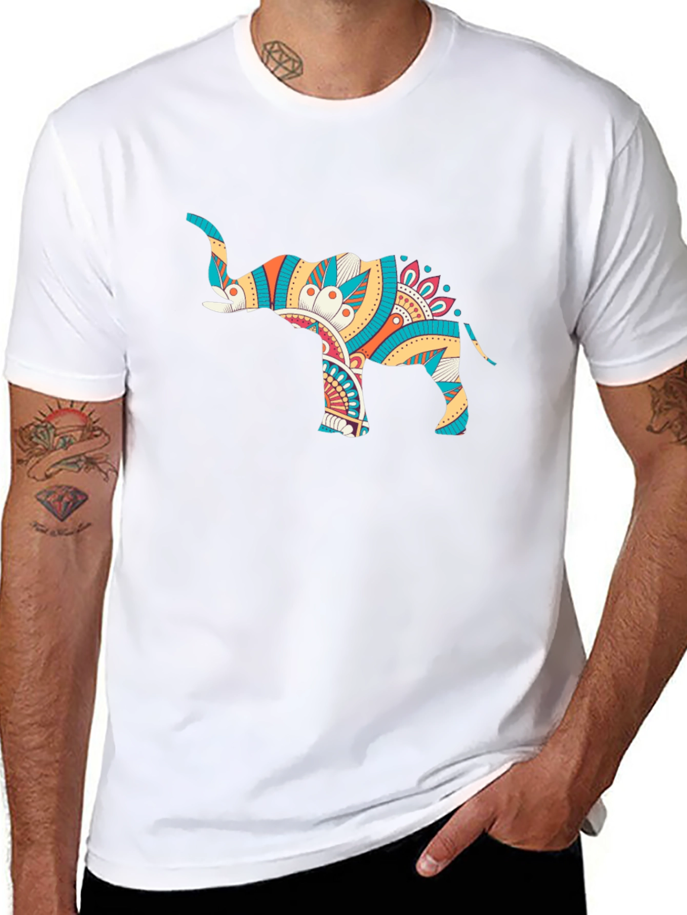 Mens Black Graphic Tee - Elephant Mandala Design