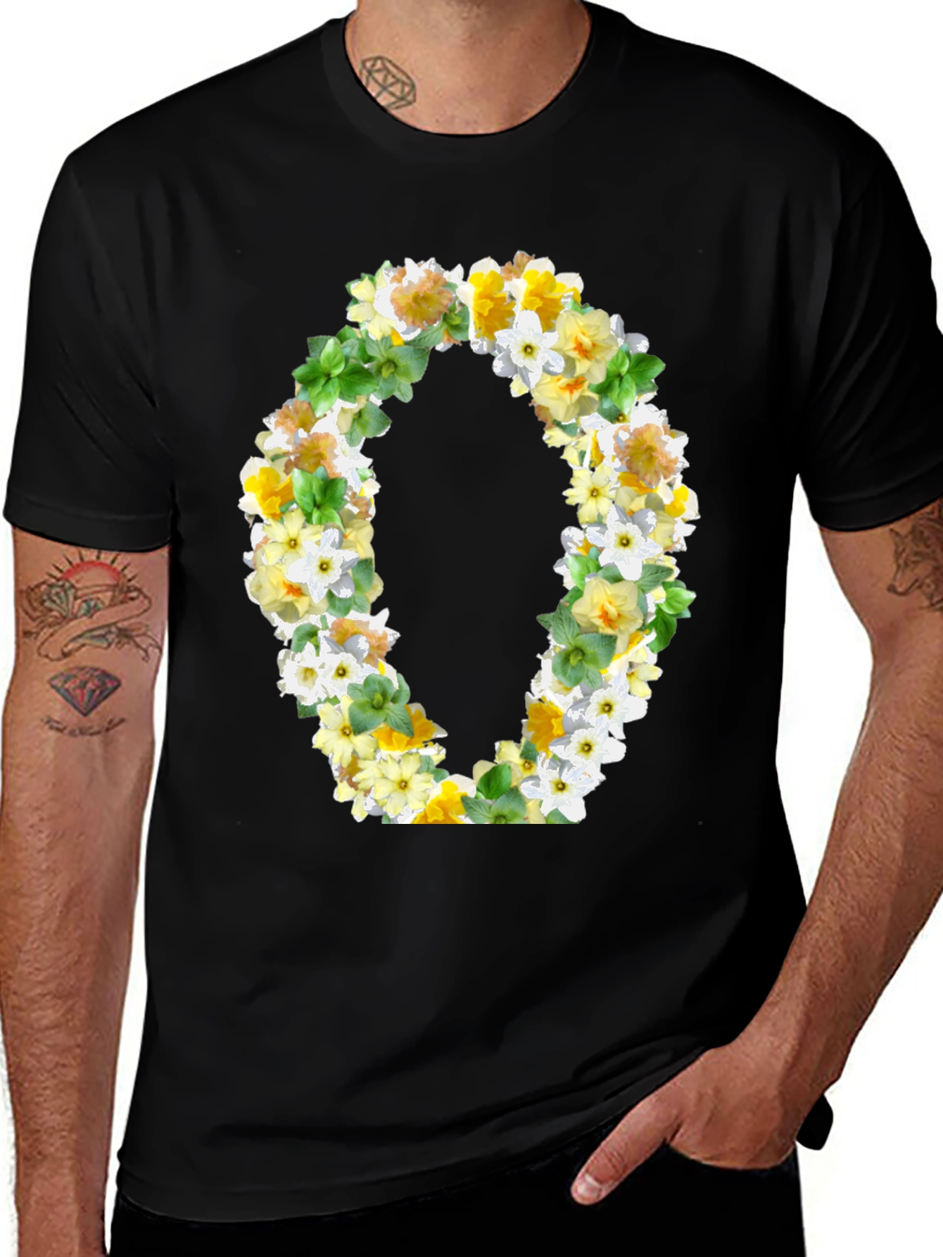 Floral Letter O Black T-Shirt