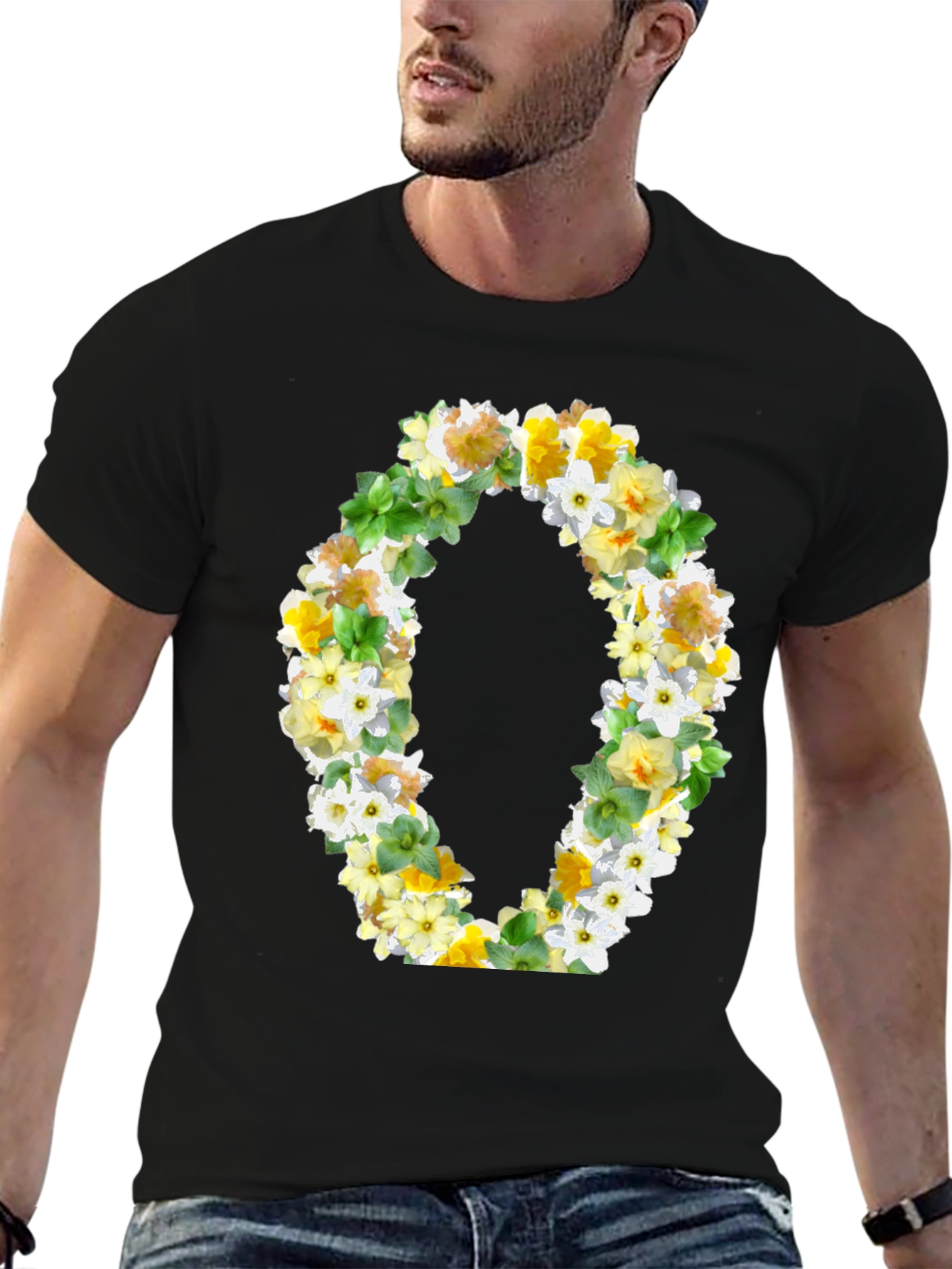 Floral Letter O Black T-Shirt