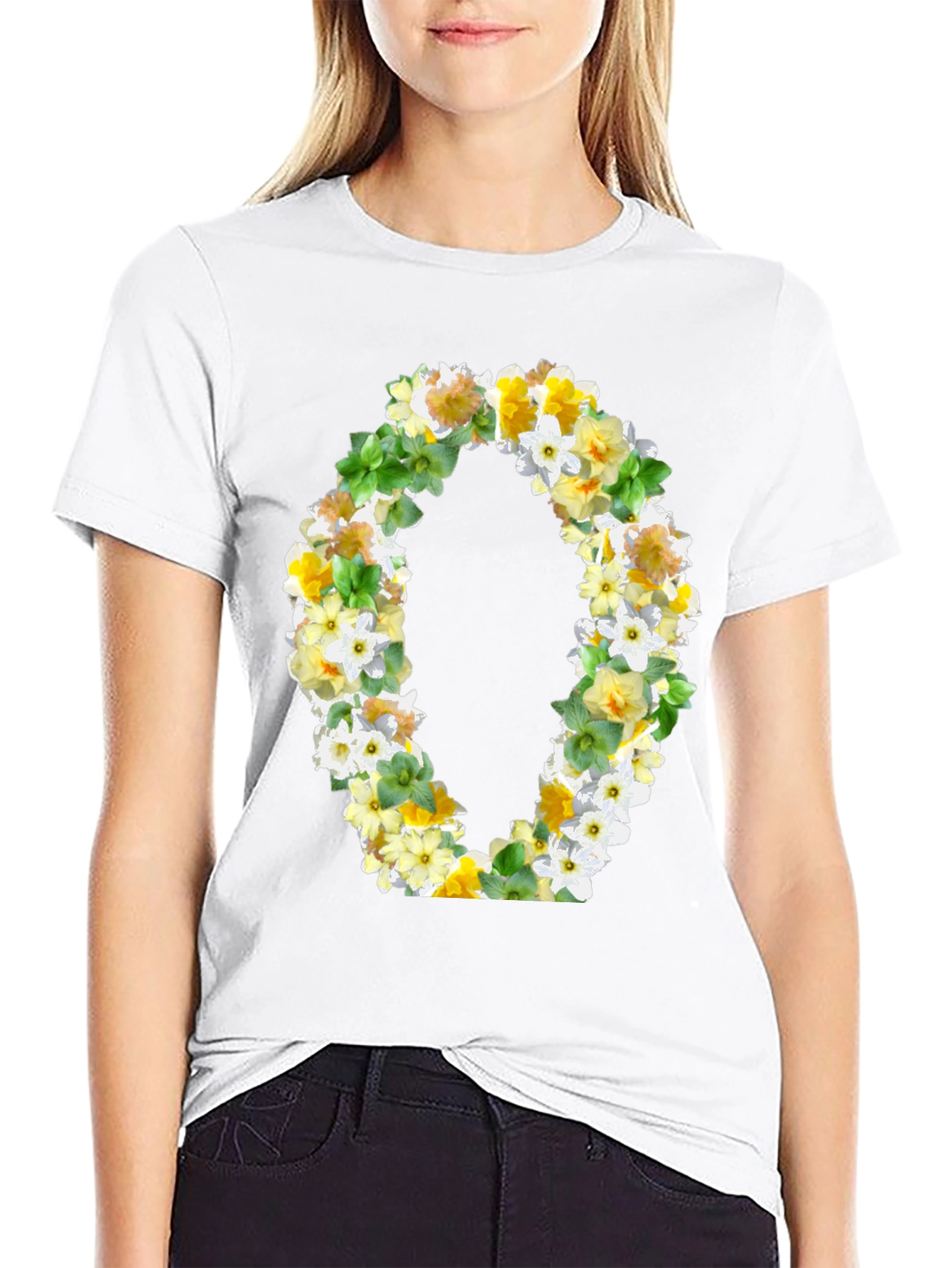 Floral Letter O Black T-Shirt